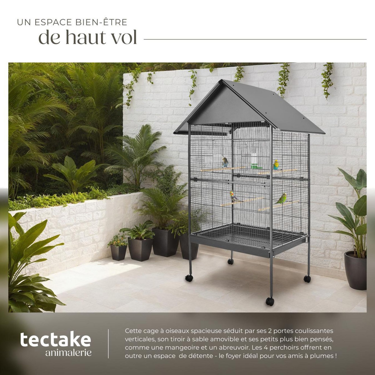 tectake Cage à oiseaux en finition martelée gris anthracite