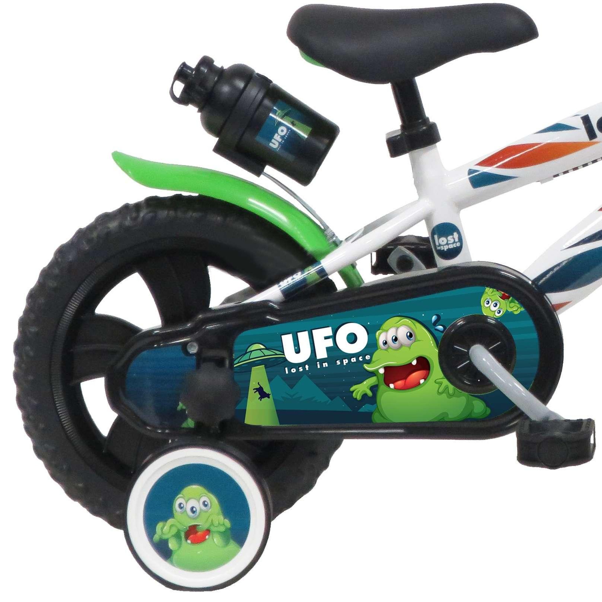 Voir la diapositive 2 : Vélo enfant - Modèle 12'' Garçon pour enfant de 85 à 100 cm avec stabilisateurs - Plaque décorative avant - Bidon arrière - 1 frein et roues à bâtons