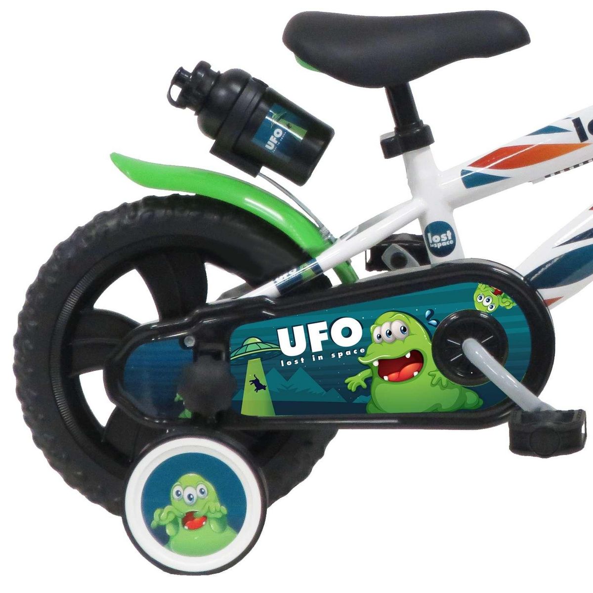 Vélo enfant - Modèle 12'' Garçon pour enfant de 85 à 100 cm avec stabilisateurs - Plaque décorative avant - Bidon arrière - 1 frein et roues à bâtons