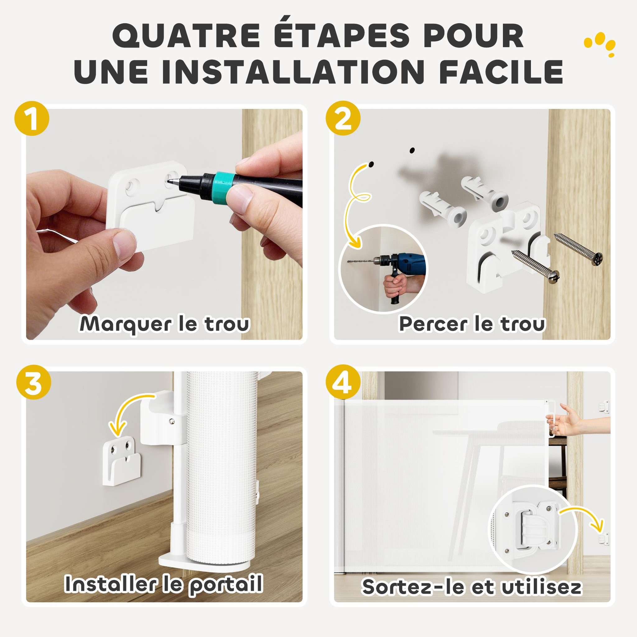 Voir la diapositive 6 : PAWHUT Barrière de sécurité chien rétractable 0-140 cm h.86 cm verrouillage auto alu pvc blanc