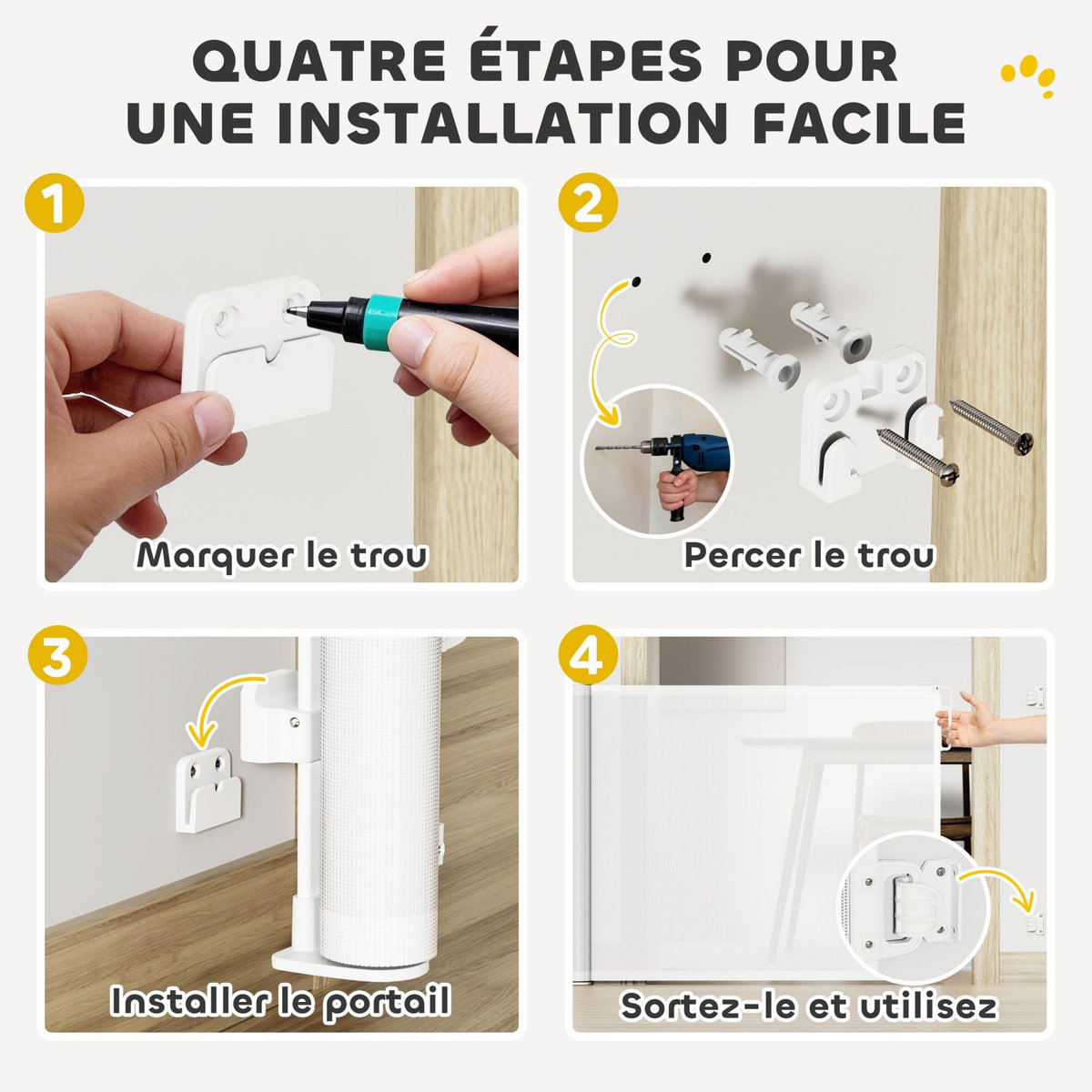 PAWHUT Barrière de sécurité chien rétractable 0-140 cm H.86 cm verrouillage auto alu PVC blanc