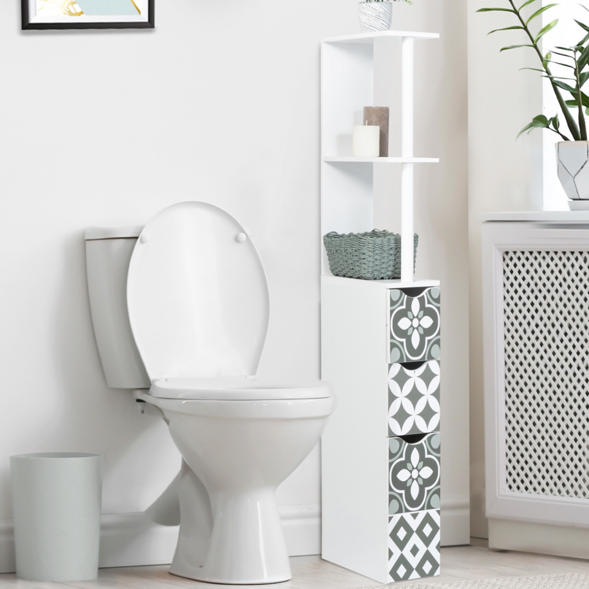 ID MARKET Meuble WC étagère bois WILLY 3 portes blanc et motif carreaux de ciment gris