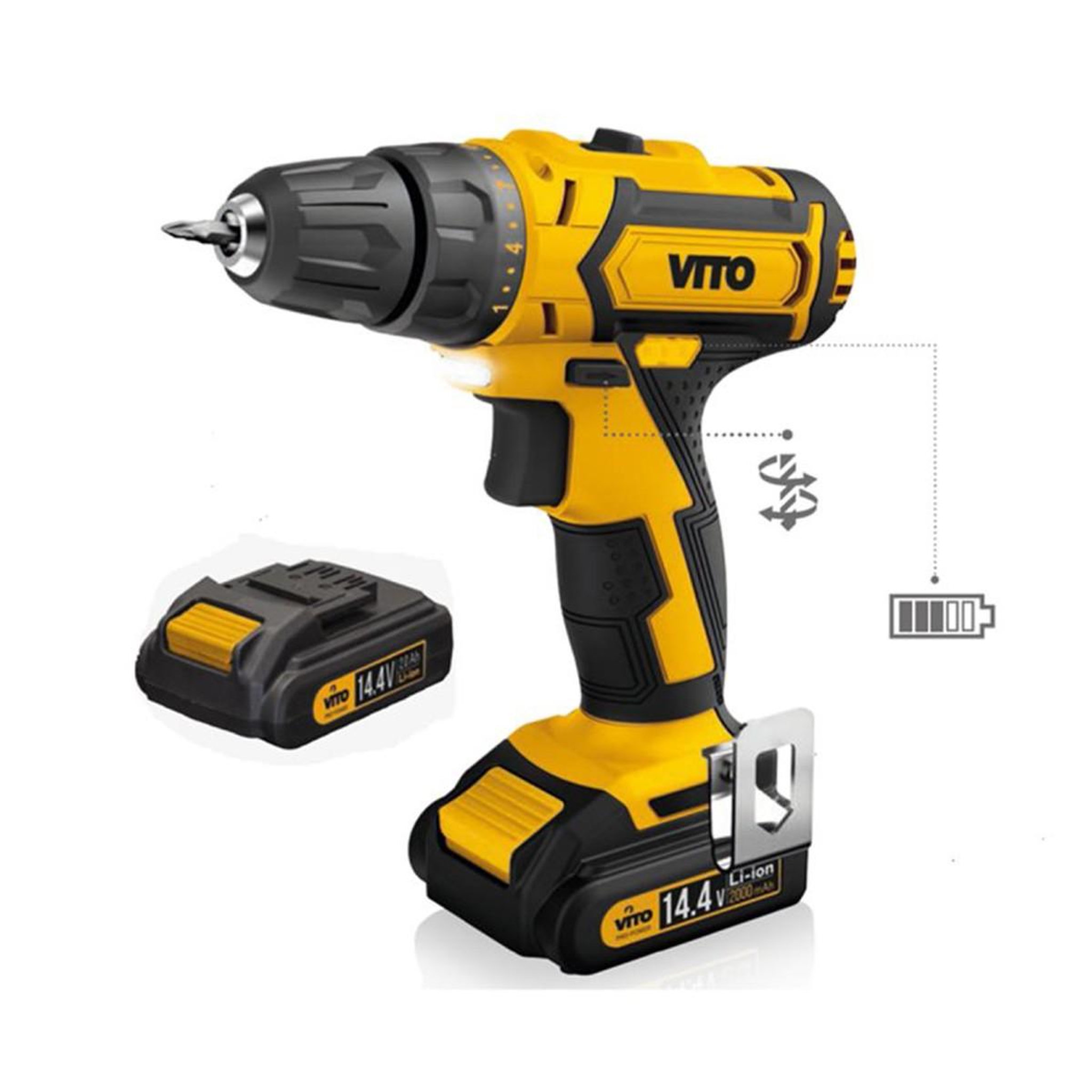 VITO Perceuse sans fil 14,4 V 2 batteries lithium 2 Ah Chargeur rapide 1h LED et indicateur de charge VITO