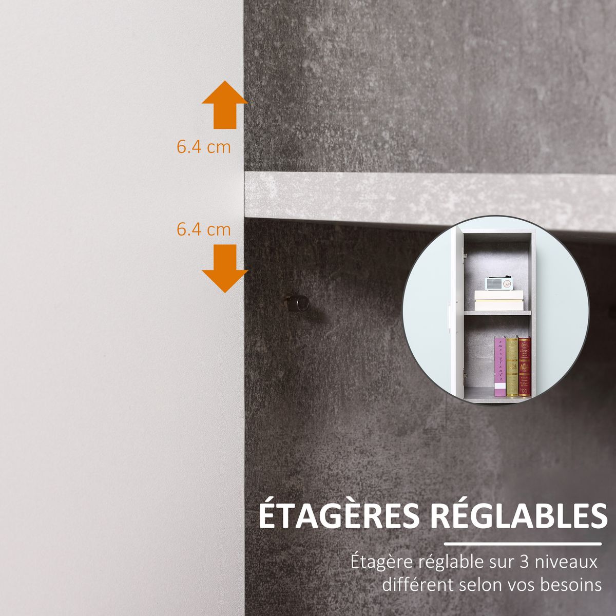 KLEANKIN Meuble colonne rangement salle de bain dim. 30L x 30l x 180H cm 2 placards avec étagère + 2 niches panneaux particules aspect ciment blanc