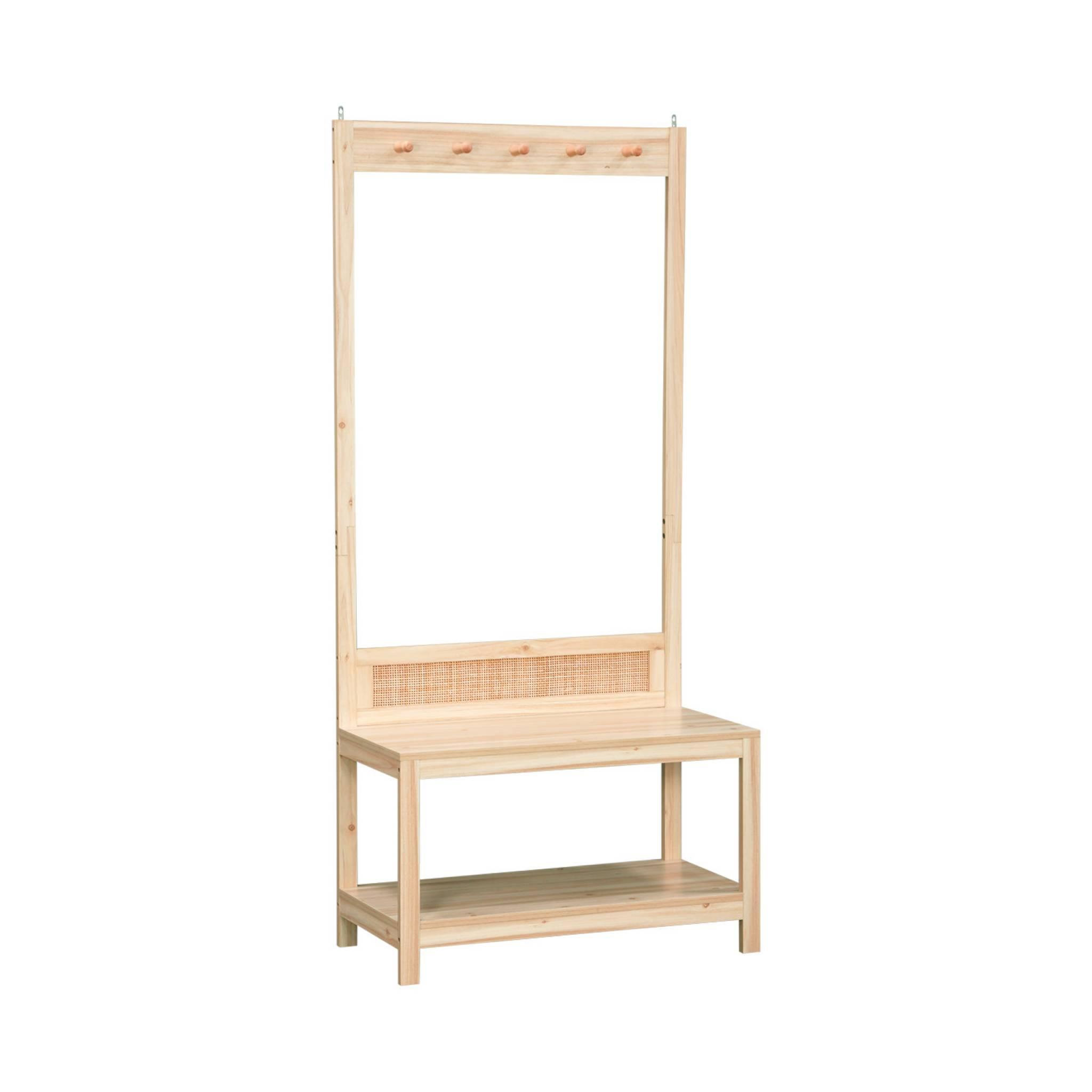 Voir la diapositive 1 : SWEEEK Meuble d'entrée. cannage et décor bois. porte manteau avec étagère