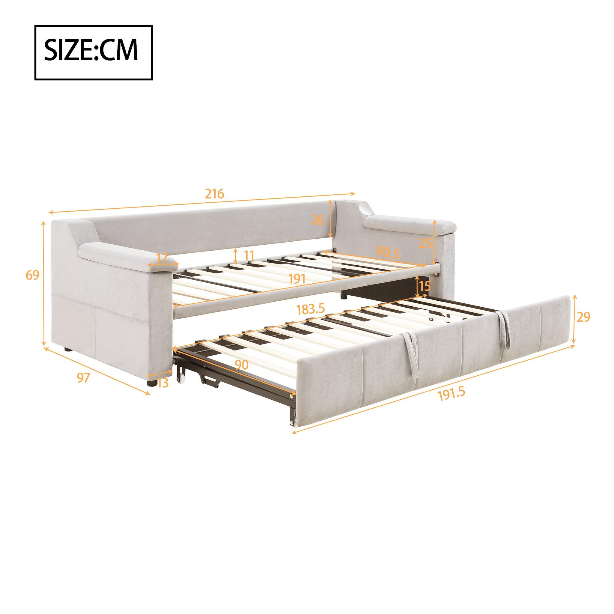 Voir la diapositive 3 : MERAX Lit banquette gigogne rembourré 90x190(180x190)cm