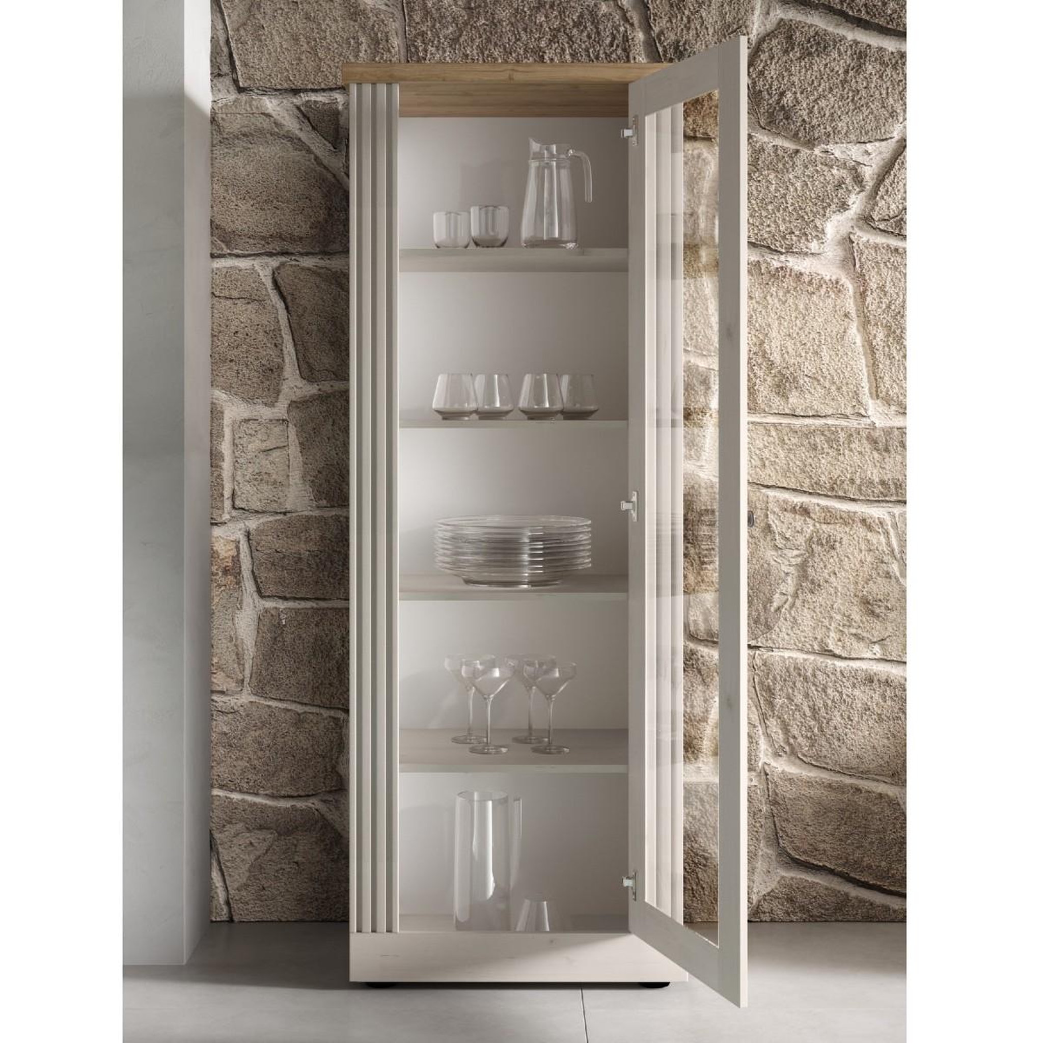 Voir la diapositive 3 : JLC KREATION Vitrine 1 porte vitrée coloris blanc et chêne naturel YANIS
