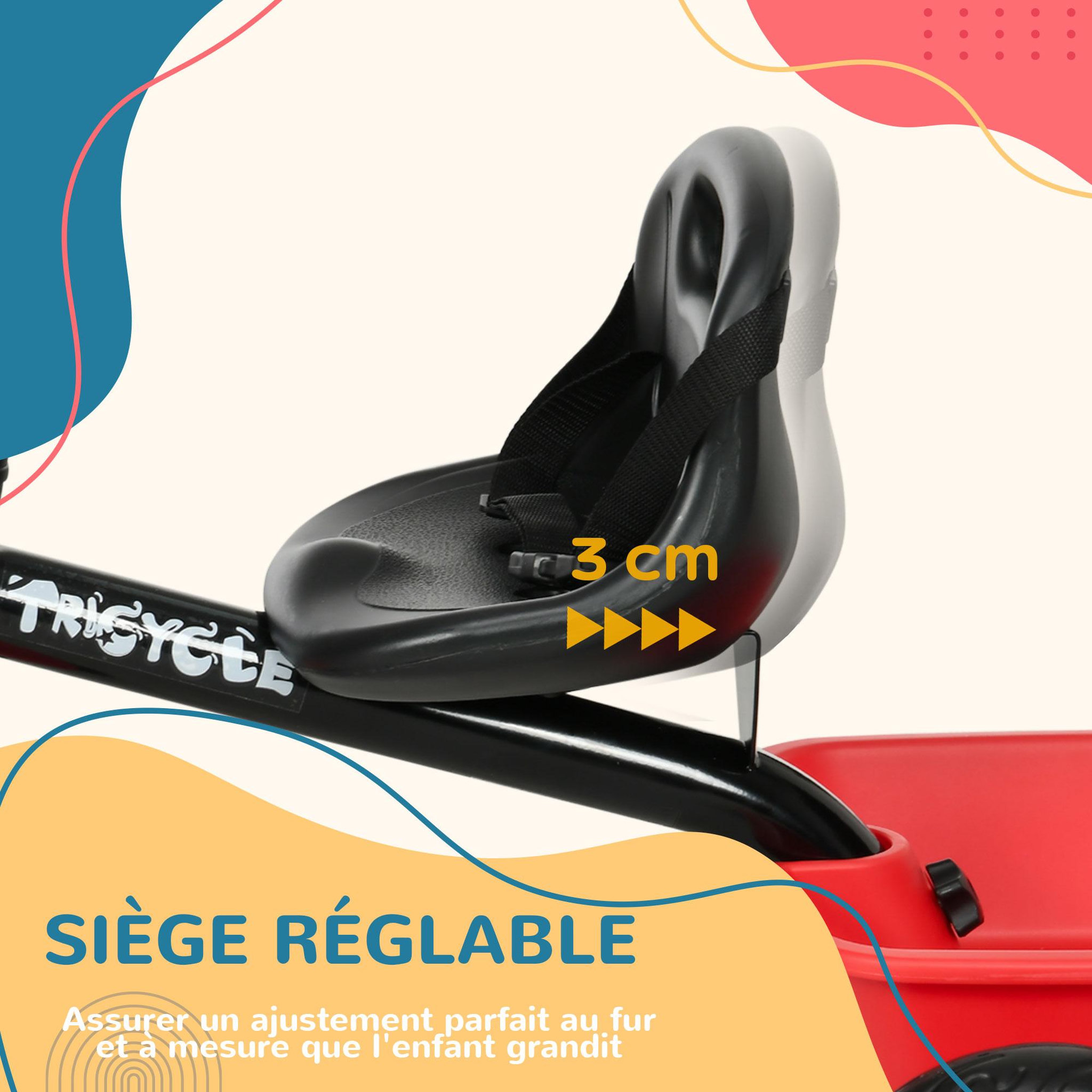 Voir la diapositive 5 : HOMCOM Tricycle pour enfant évolutif avec siège réglable - pédales - 2 paniers - ceinture - pour enfant de 2 à 5 ans - rouge et noir