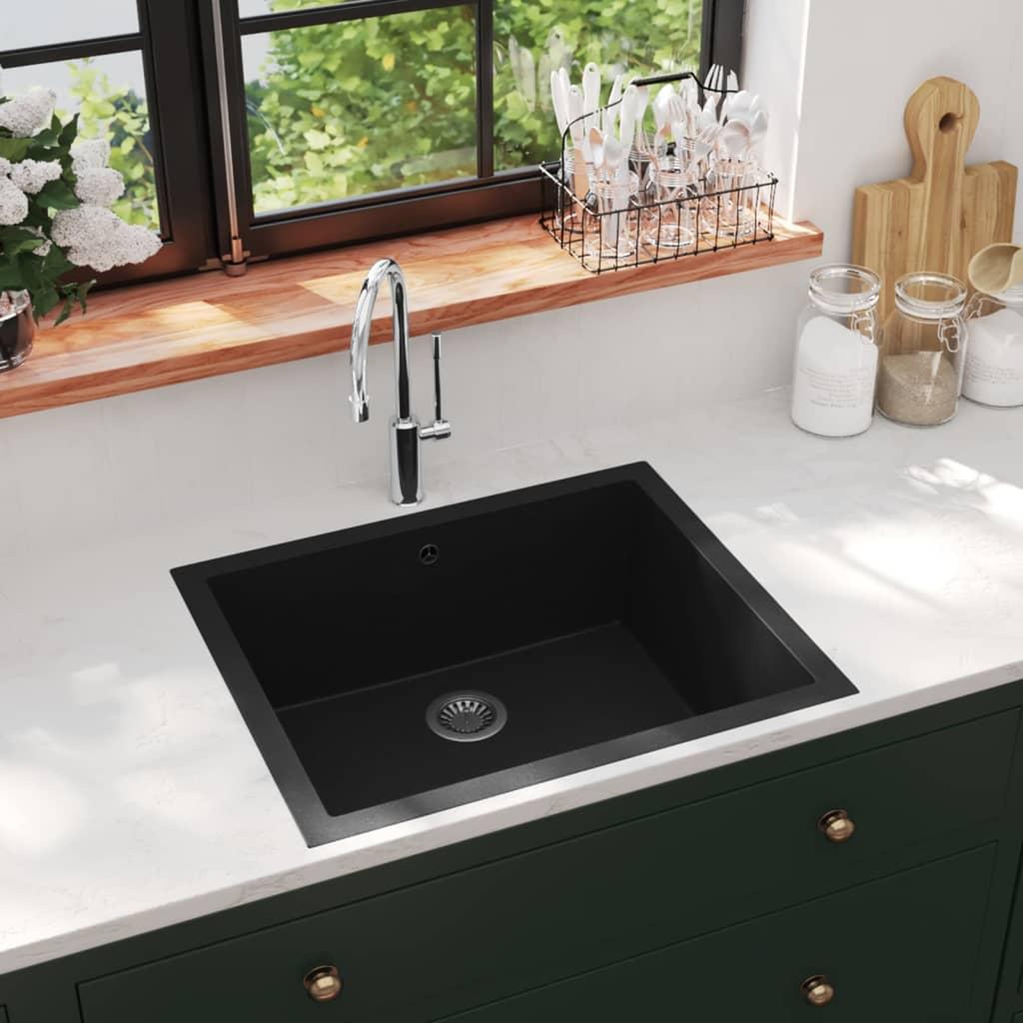 Voir la diapositive 1 : VIDAXL Evier de cuisine avec trou de trop-plein Noir Granit