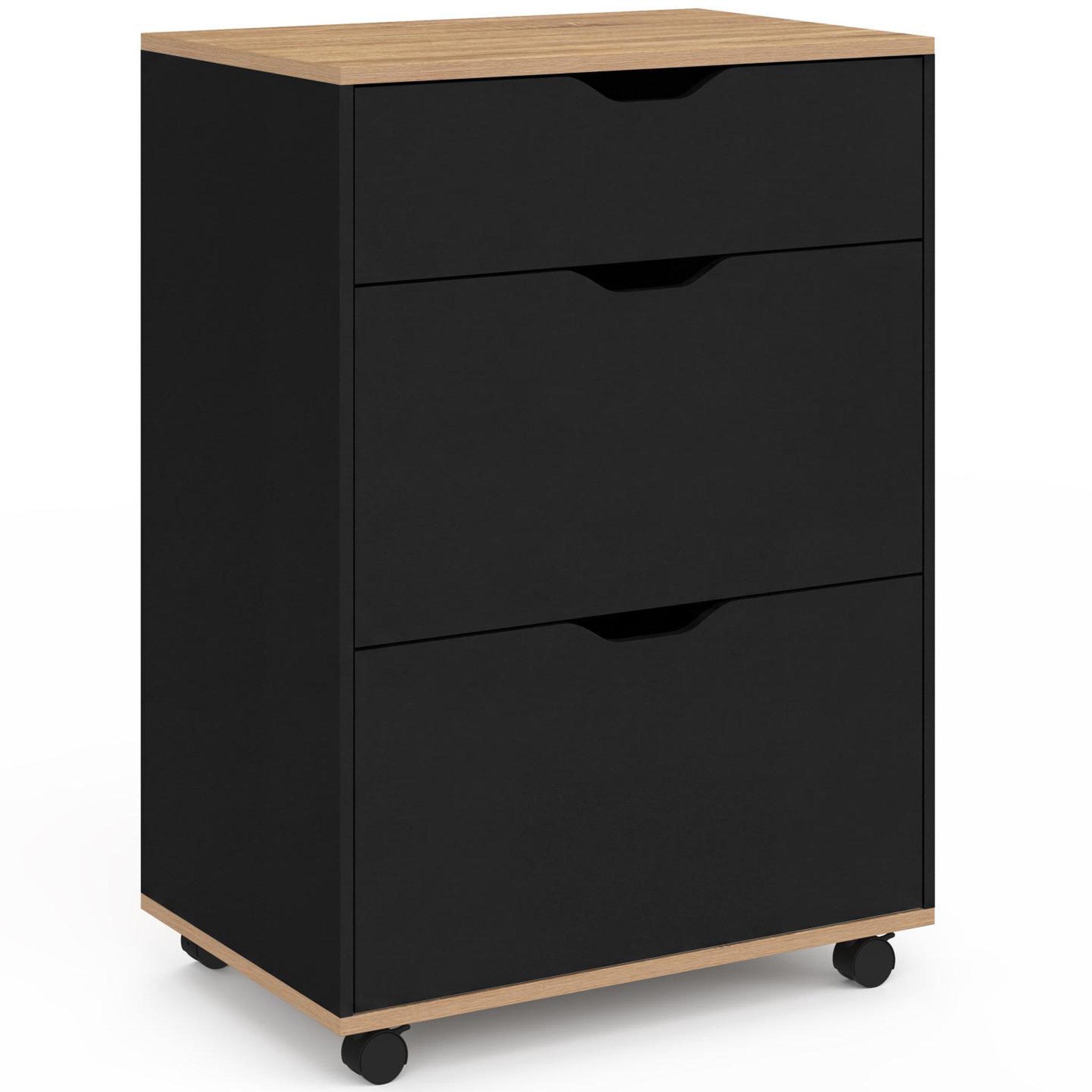 ID MARKET Desserte de cuisine cosy 3 tiroirs casserolier bois noir et plateau façon hêtre l. 60 cm