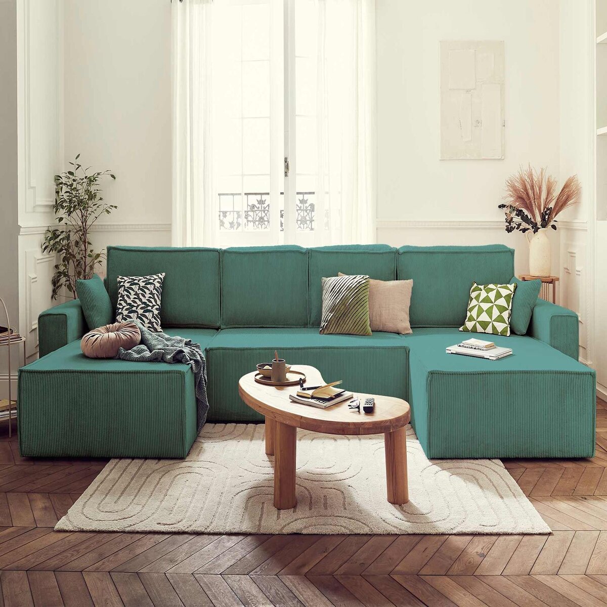 BEST MOBILIER Dellia - canapé panoramique en u - 7 places - convertible - avec coffre - en velours côtelé