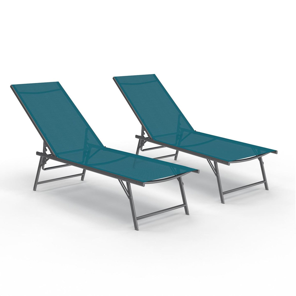 ID MARKET Lot de 2 transats de jardin inclinables KAILUA en acier gris anthracite et toile bleu canard