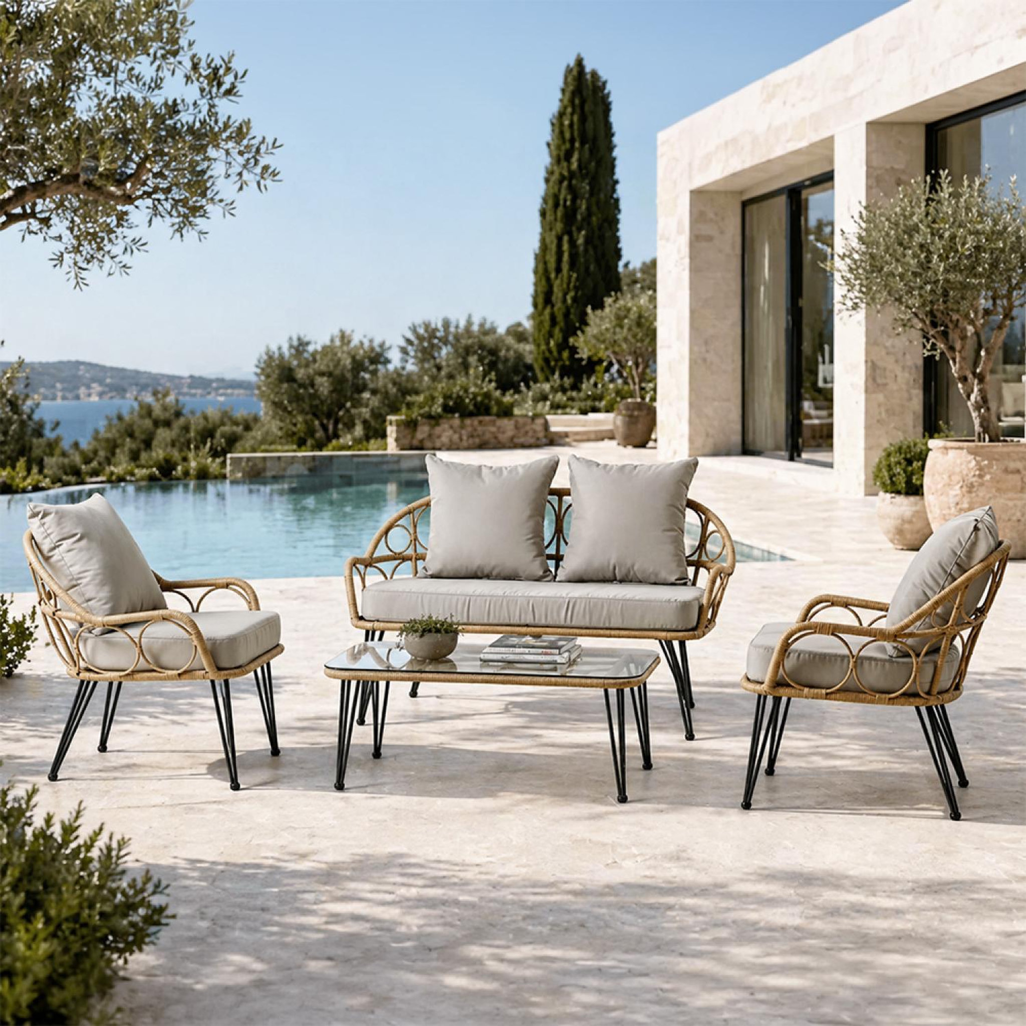 Voir la diapositive 2 : CONCEPT USINE Salon de jardin 4 places avec table basse effet rotin naturel porto