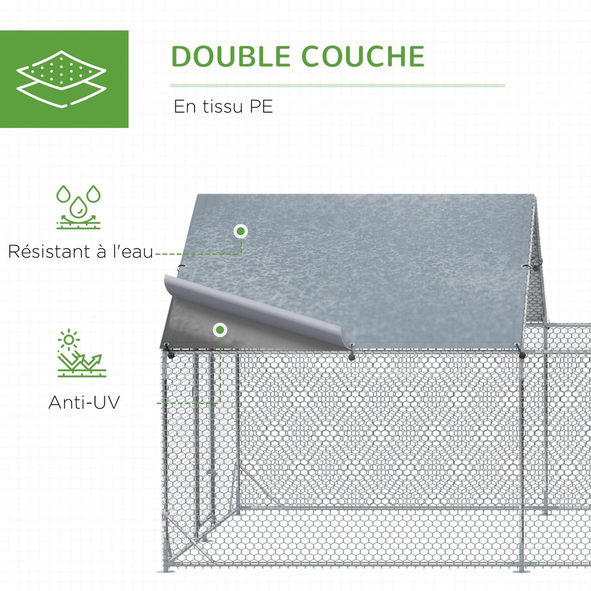 PAWHUT Enclos poulailler chenil 18 m² - parc grillagé dim 6L x 3l x 1,95H m - espace couvert - acier galvanisé
