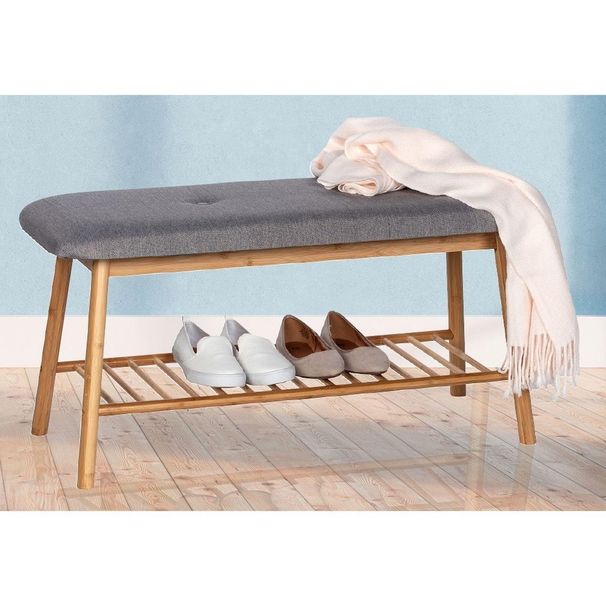 Wenko Banc d'entrée pour chaussures en bambou Bahari - L. 90 x H. 45 cm - Gris