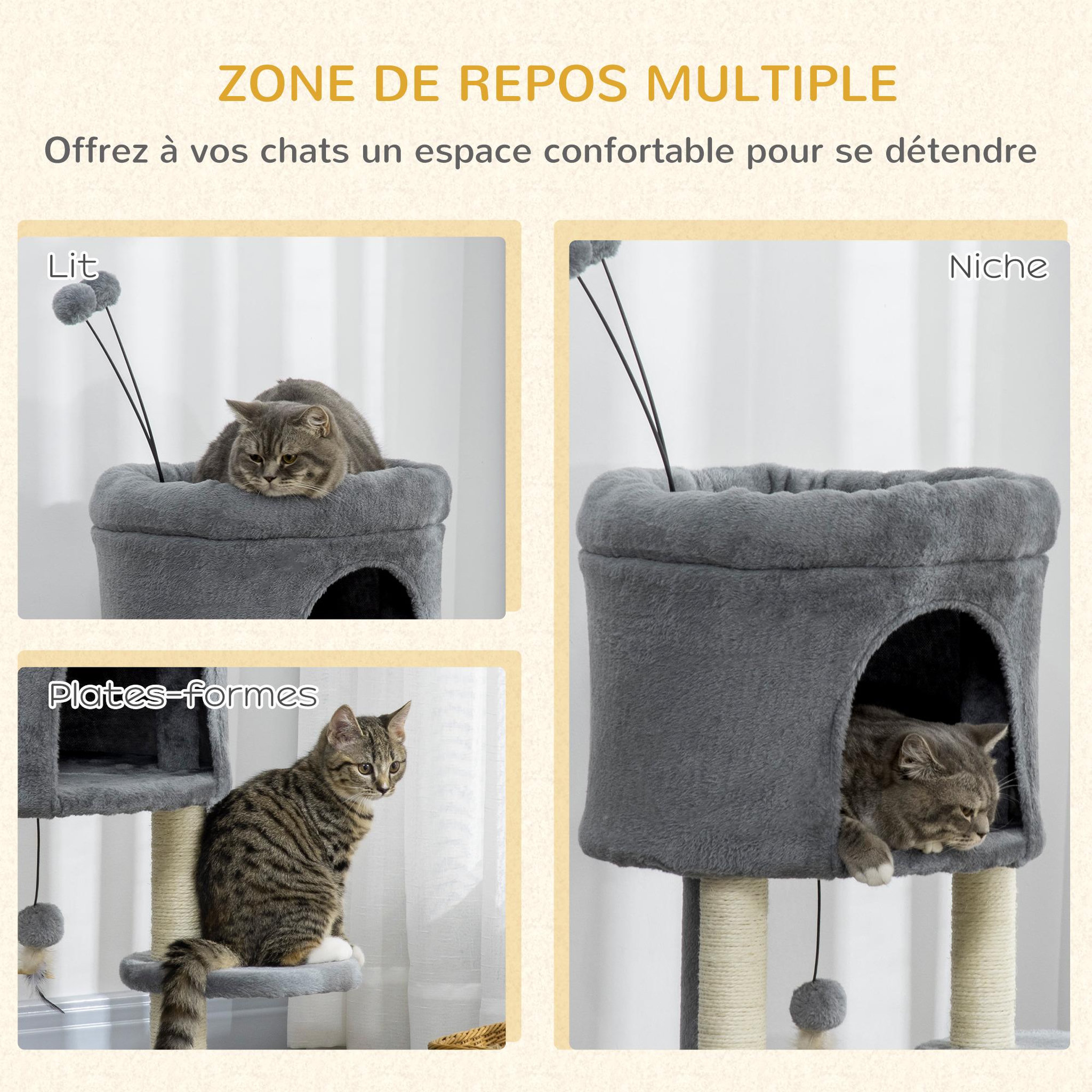 Voir la diapositive 4 : PAWHUT Arbre à chat 2 griffoirs sisal naturel niche plateforme panier observation jeu boules peluche gris
