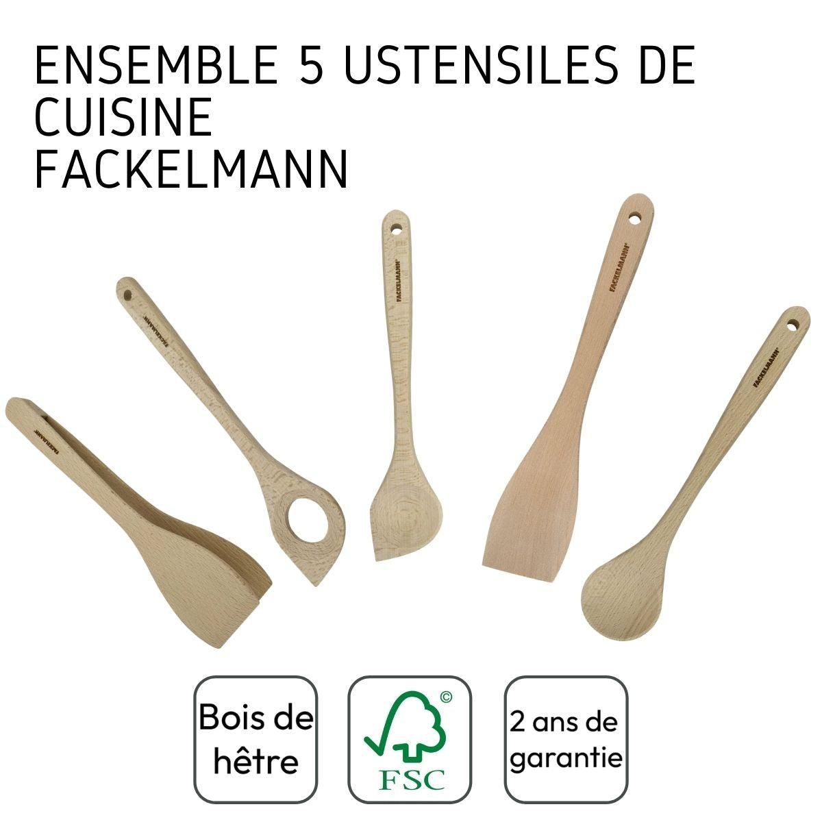 Fackelmann Ensemble de pince, spatule et cuillères en bois FSC Fackelmann Nature