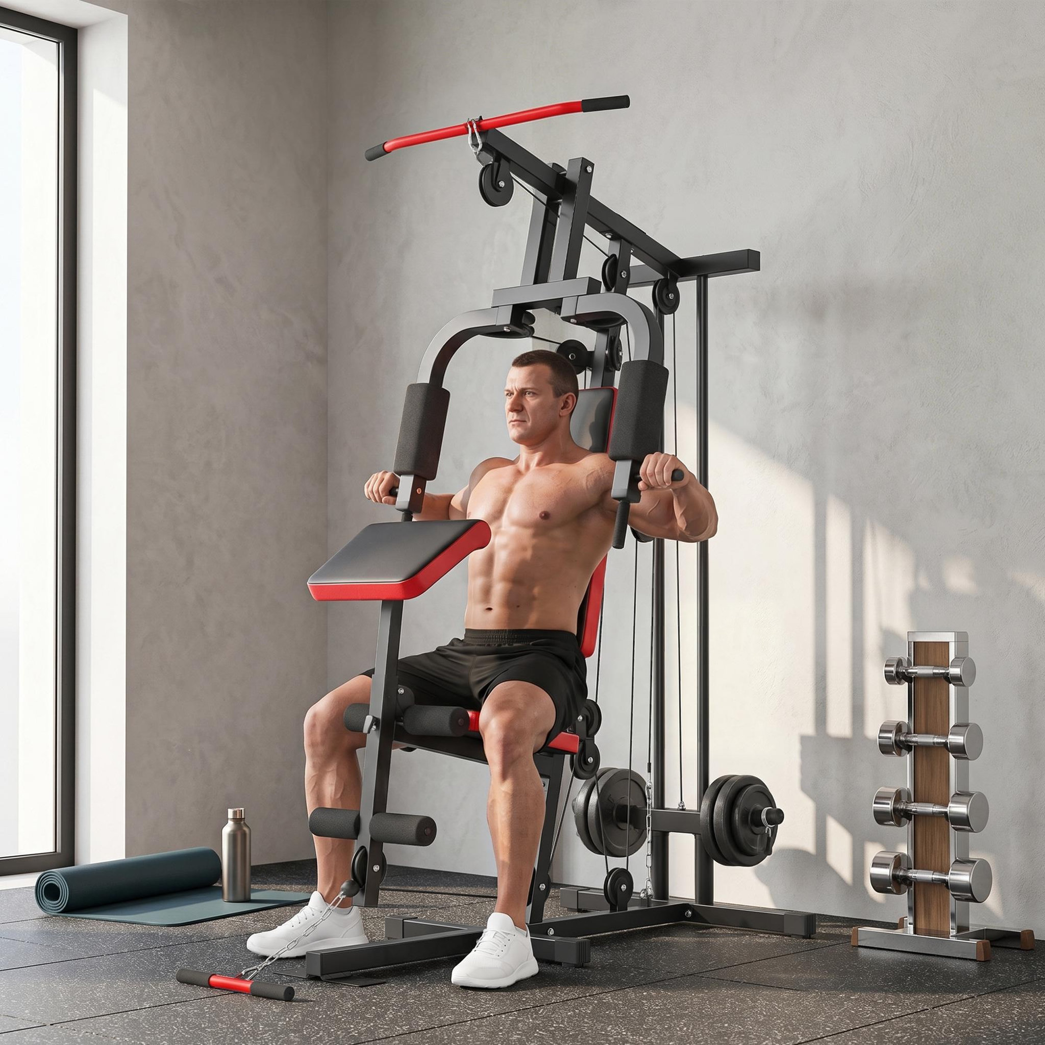 Voir la diapositive 6 : HOMCOM Station de musculation fitness entrainement complet développé couché butterfly barre latissimus curler