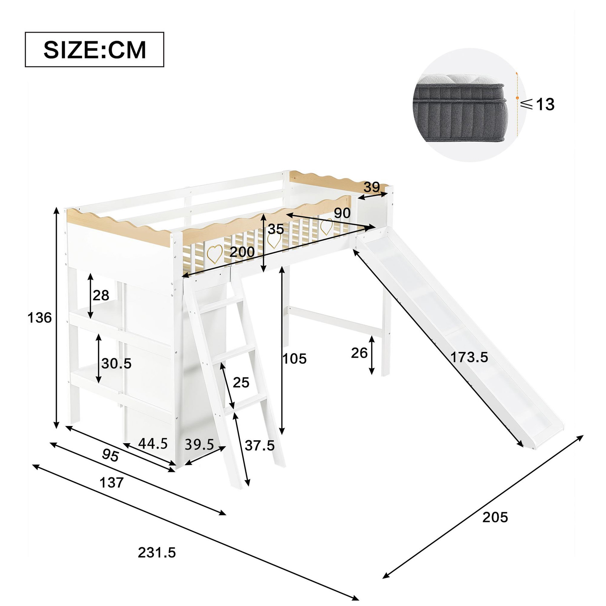 Voir la diapositive 3 : MERAX Lit combiné enfant 90x200cm coloris blanc+naturel pin et mdf