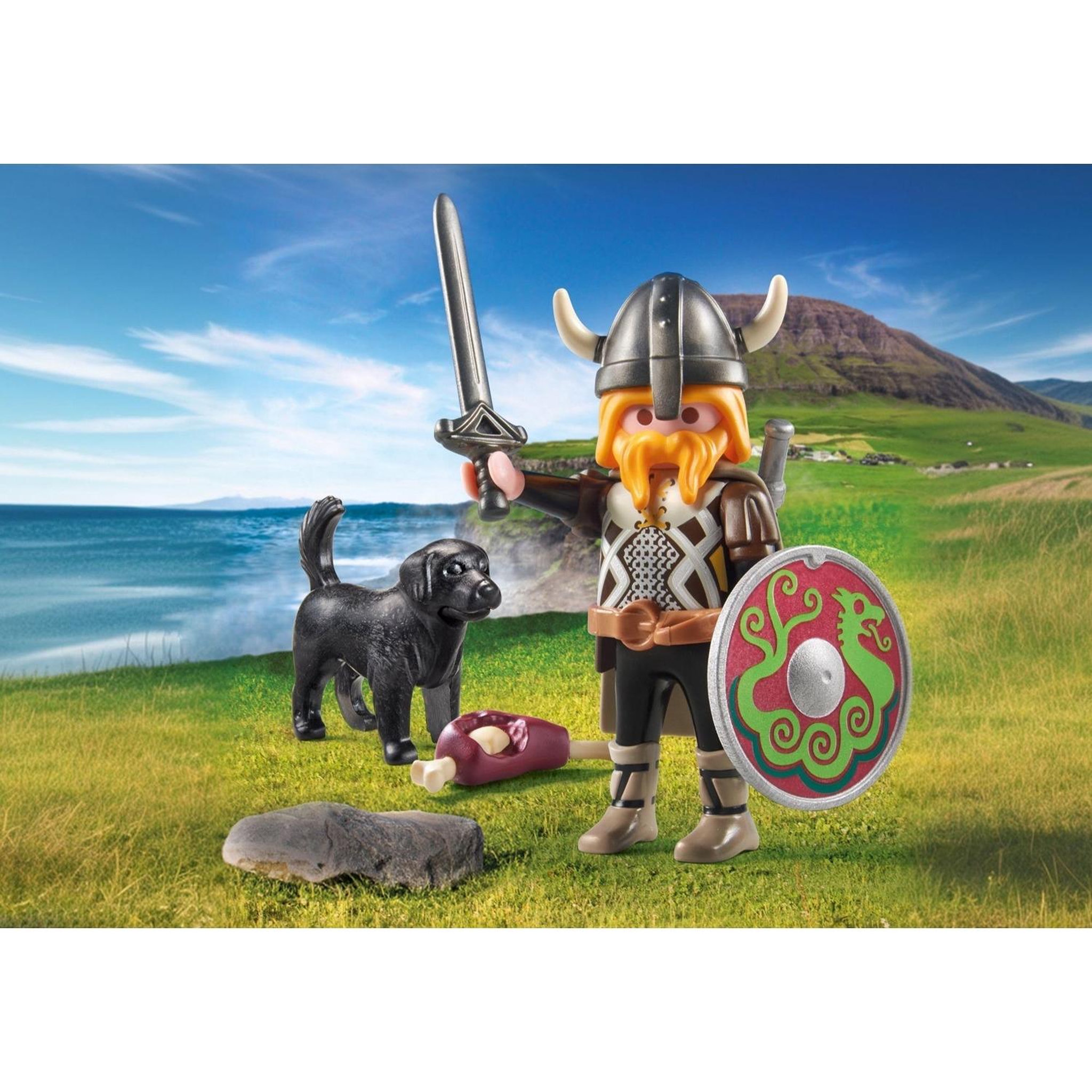Voir la diapositive 2 : PLAYMOBIL Viking avec son chien, bouclier, casque et armes