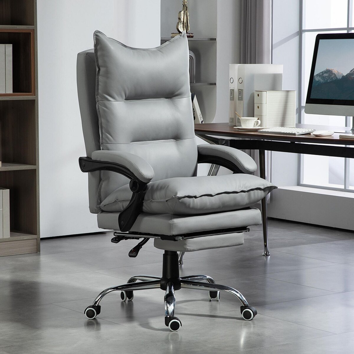 VINSETTO Fauteuil de bureau direction hauteur réglable dossier inclinable repose-pied intégré revêtement synthétique gris