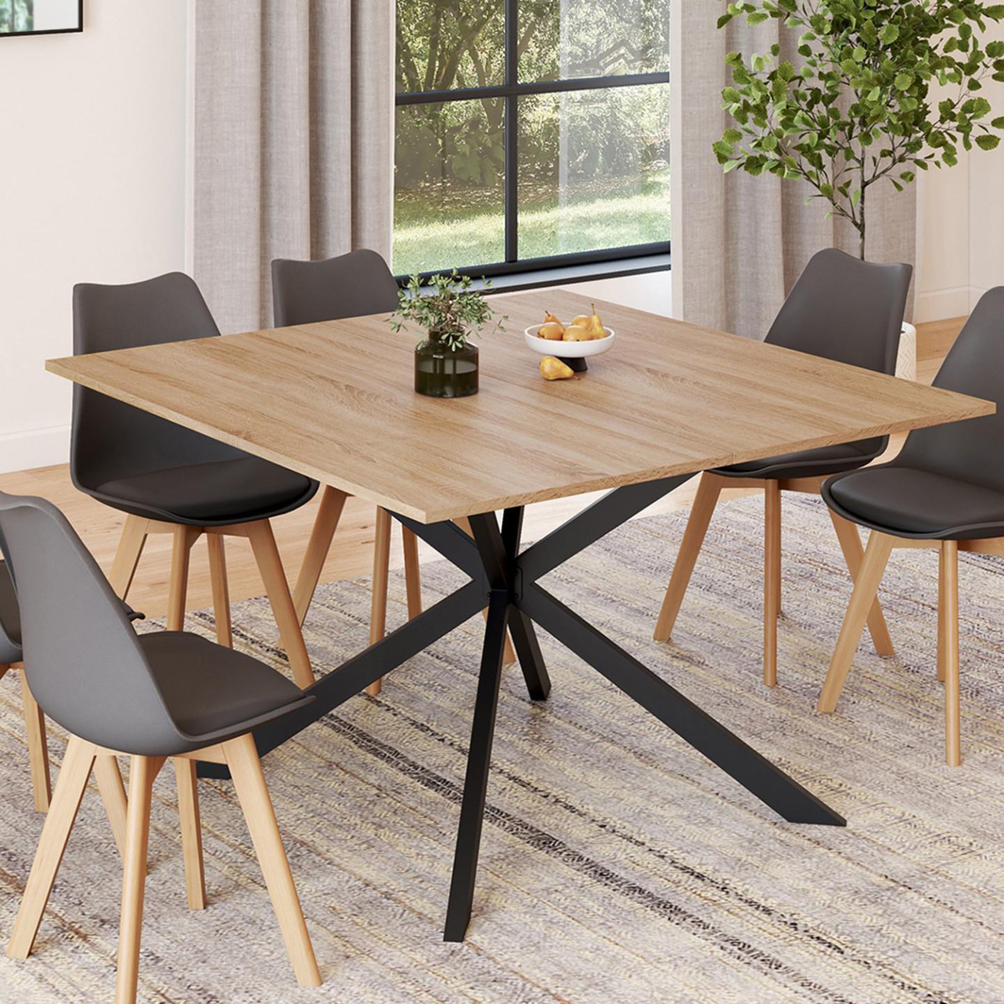 Voir la diapositive 2 : ID MARKET Table à manger carrée alix 8 personnes pied araignée bois et noir 110 cm