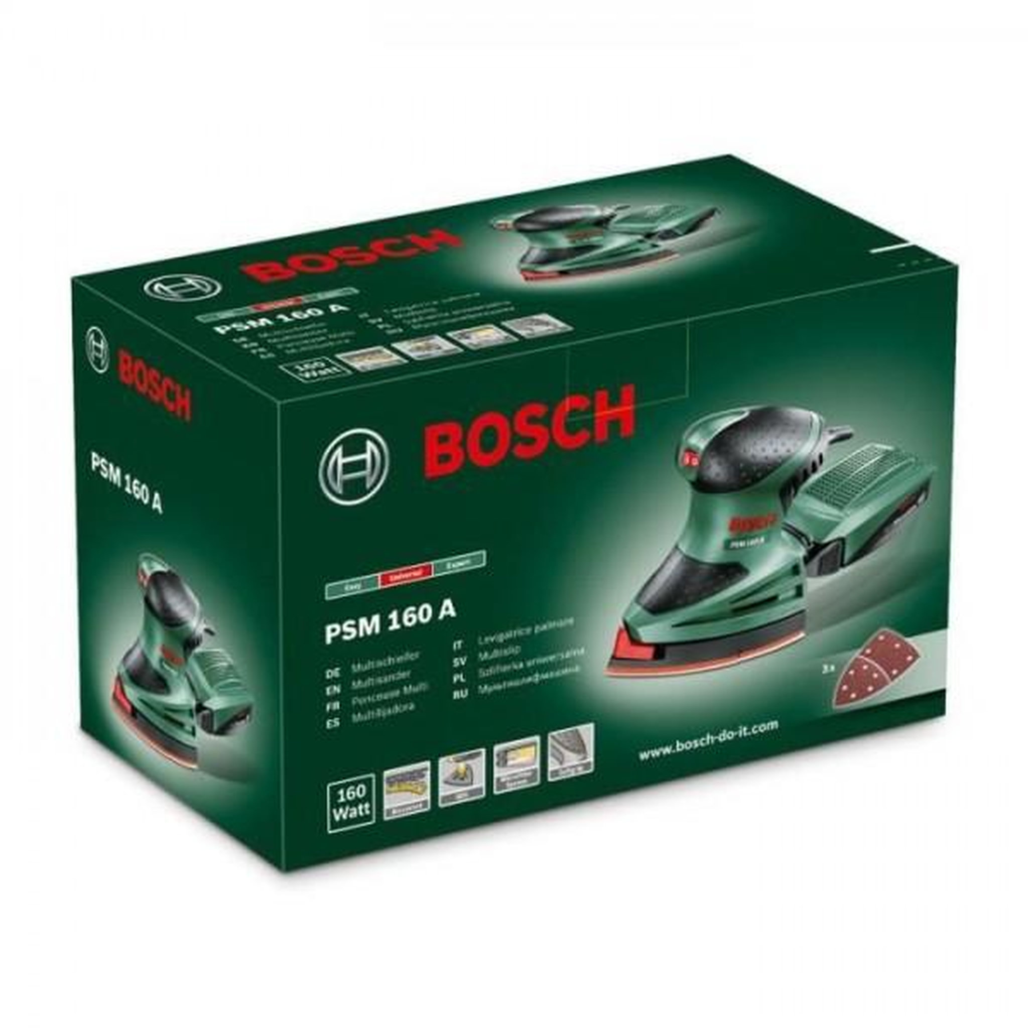 Voir la diapositive 2 : BOSCH Ponceuse multi BOSCH PSM 160 A - Puissante et polyvalente - Ponçage et polissage - Systeme micro-filtre Bosch