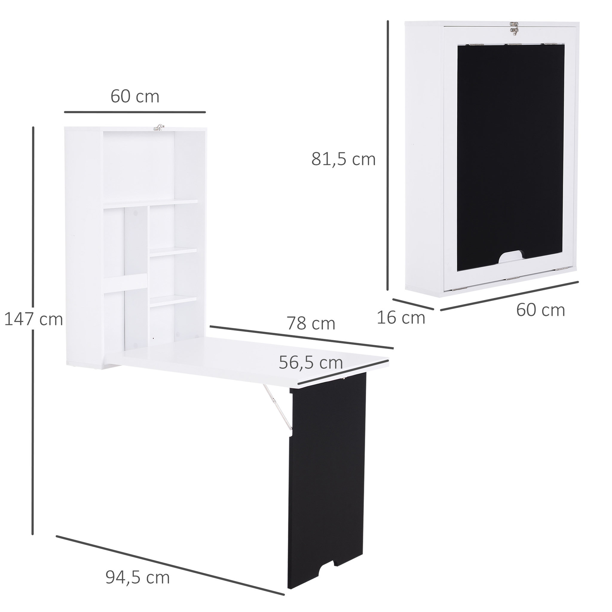 Voir la diapositive 3 : HOMCOM Bureau mural pliable table murale rabattable suspendue sur pied étagère + tableau à craie intégré MDF blanc