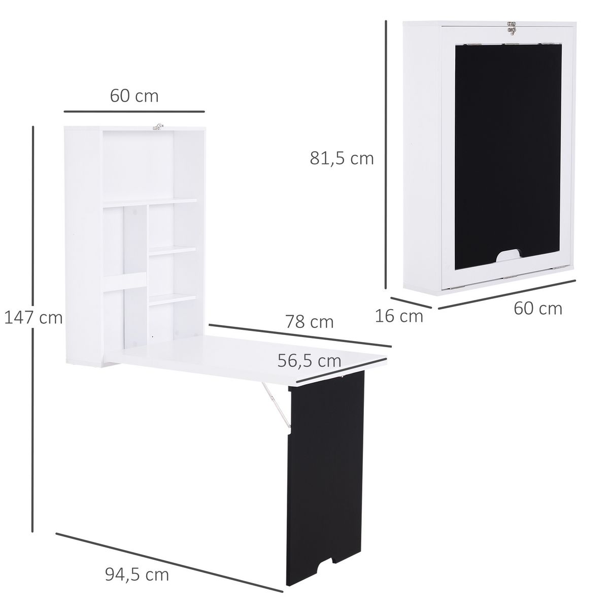 HOMCOM Bureau mural pliable table murale rabattable suspendue sur pied étagère + tableau à craie intégré MDF blanc