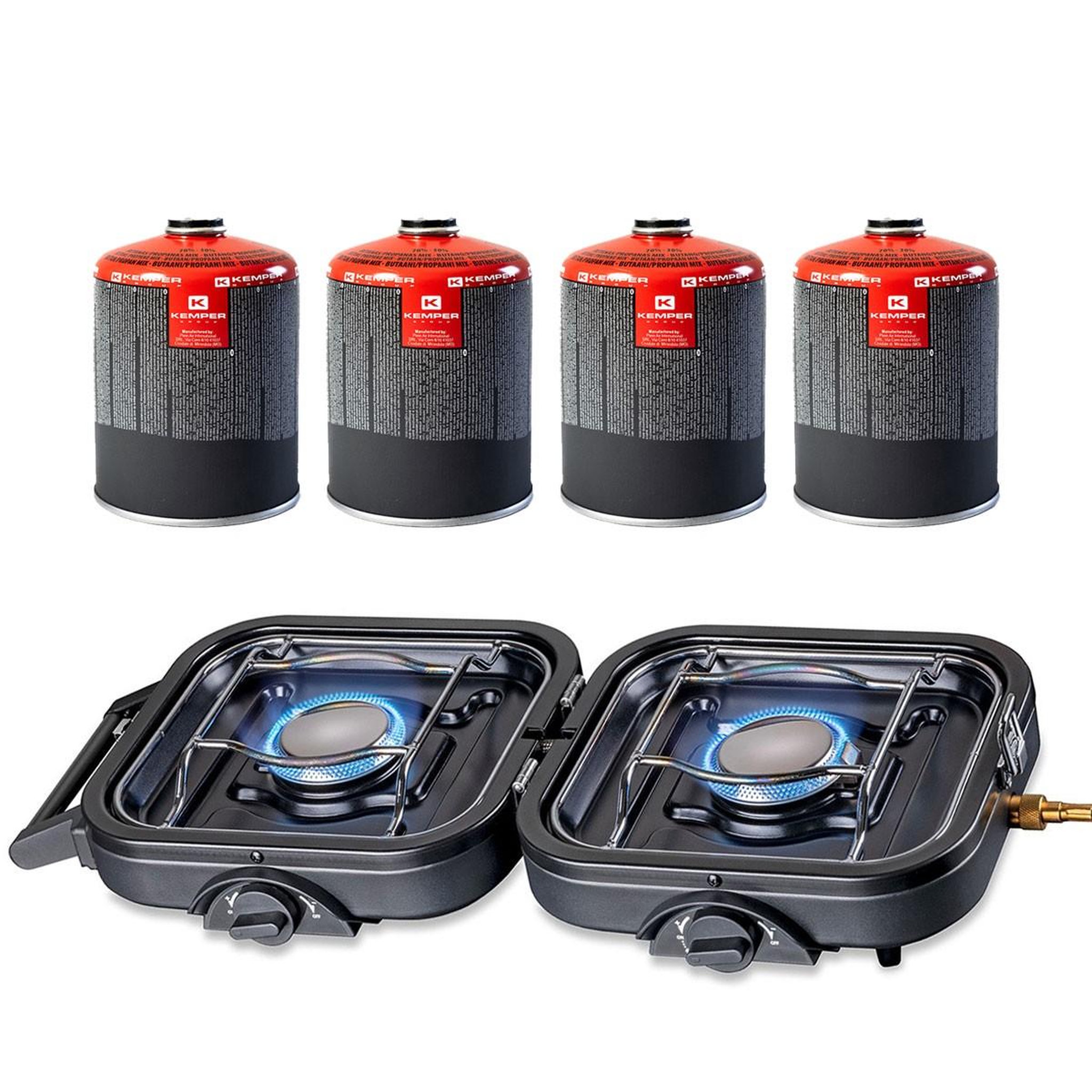 Kemper Réchaud gaz 2 feux 4600w pliable + 4 cartouches de gaz kemper