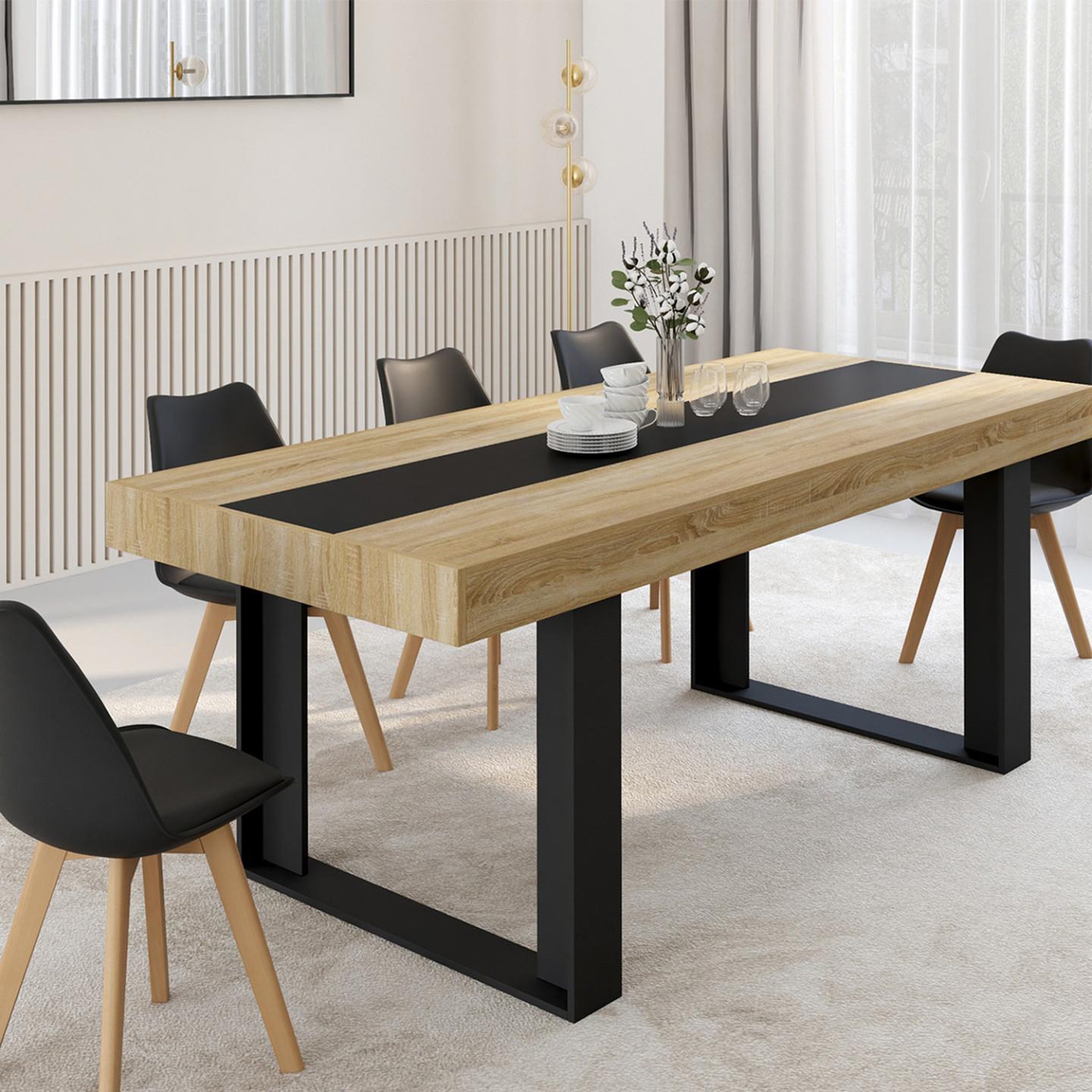 Voir la diapositive 2 : ID MARKET Table à manger rectangle phoenix 8 personnes bois et noir bande centrale noire 200 cm