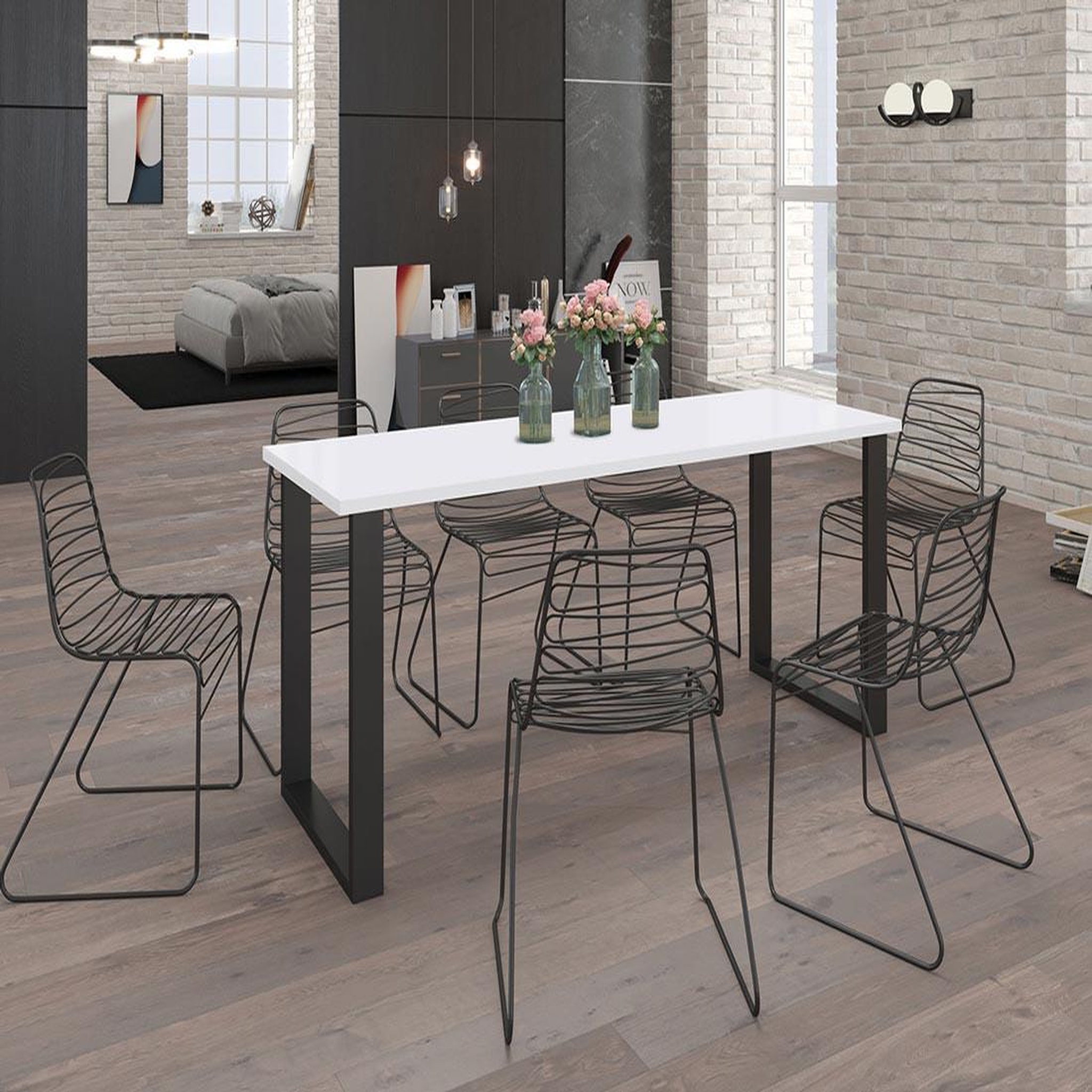 Voir la diapositive 2 : BEST MOBILIER Caronal - table à manger - blanche et pieds noirs - 4 à 8 personnes