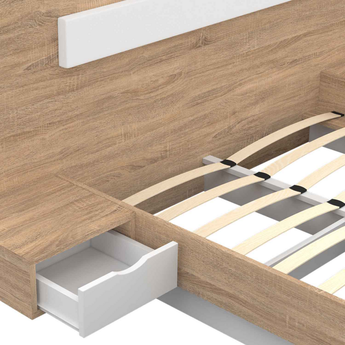 ID MARKET Lit double SANTA avec tête de lit + tables de chevet intégrées et sommier 140 x 190 cm bois et blanc