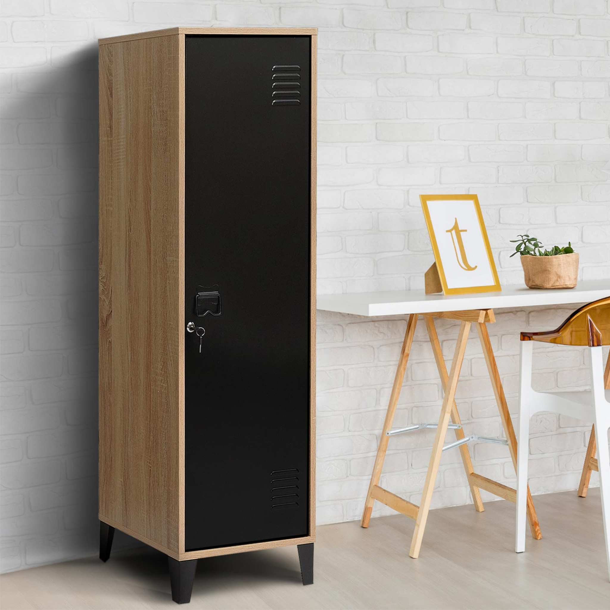 Voir la diapositive 2 : ID MARKET Armoire vestiaire ester 1 porte métal noir et contour bois design industriel