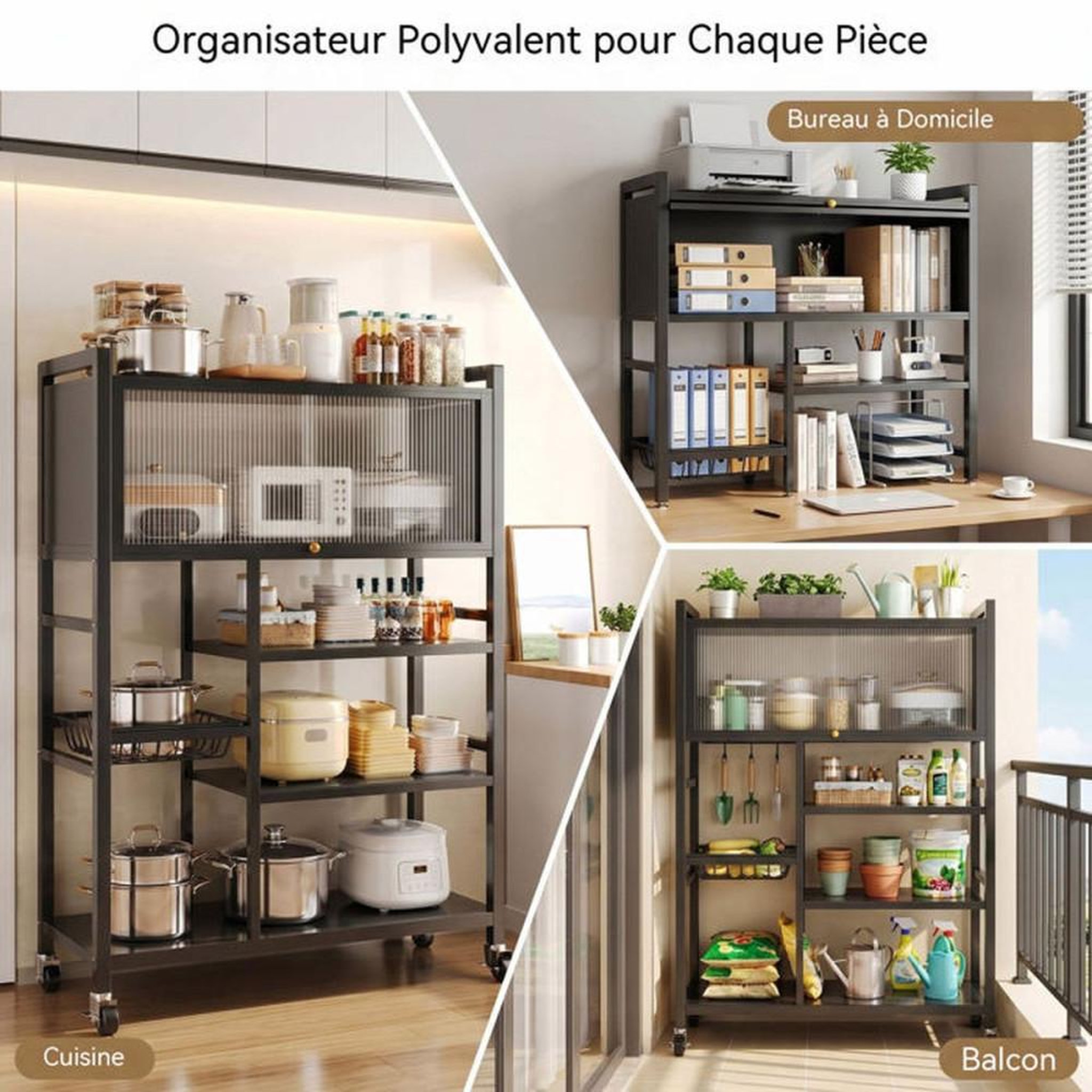 Voir la diapositive 6 : Chariot étagère cuisine 5 niveaux noir en inox avec porte translucide et panier, 4 roulettes universelles dont 2 avec frein