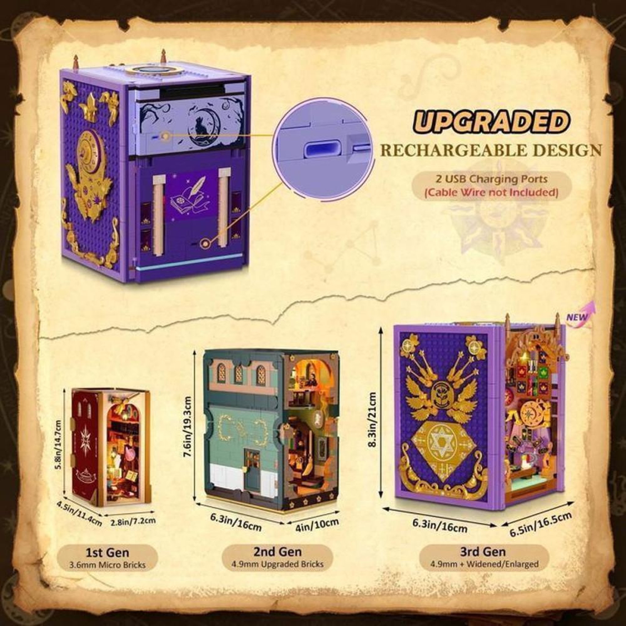 Voir la diapositive 6 : Mini coffret de construction Book nook divination 1 447 pièces avec éclairage LED rechargeable USB-C, meuble astrologie, ouverture 180°