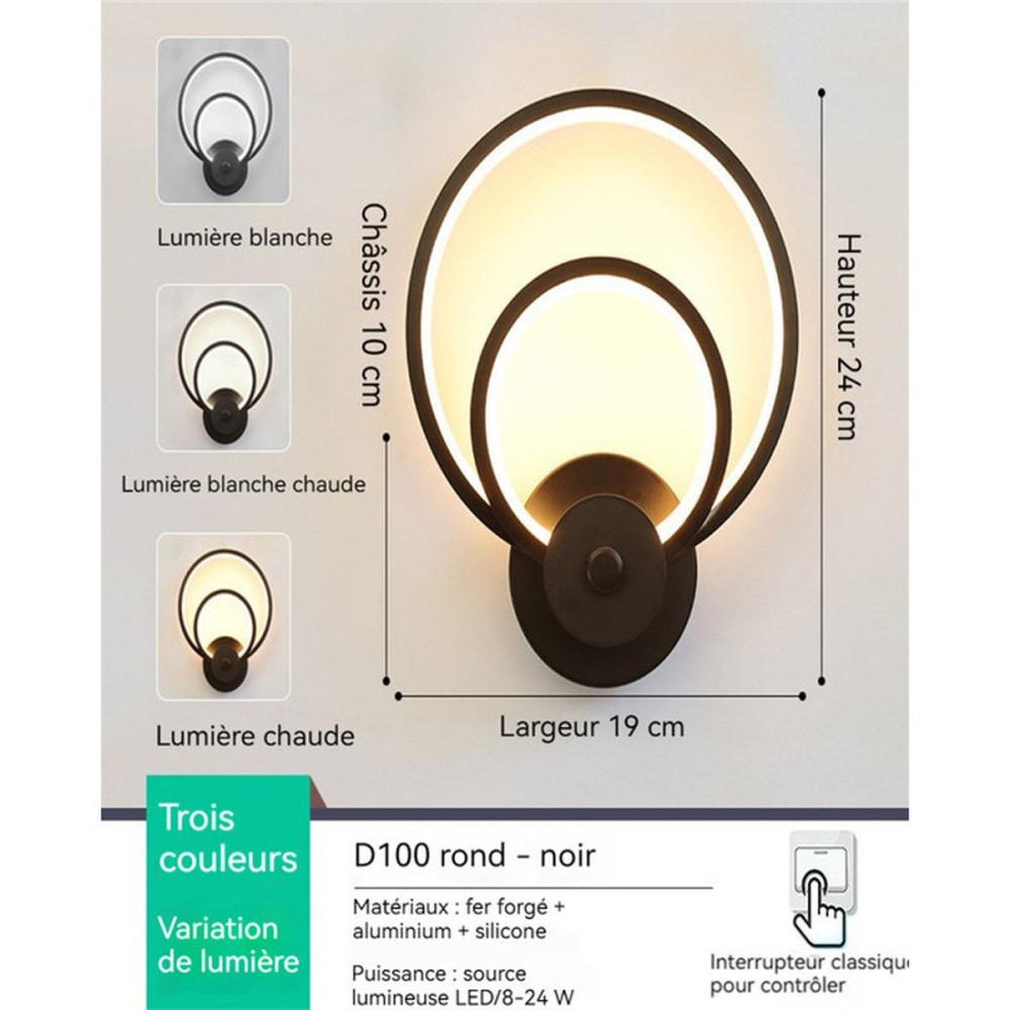 Voir la diapositive 6 : Applique murale LED double anneau noir mat 18 W dimmable, diffuseur acrylique, IP44, 20 x 25 cm