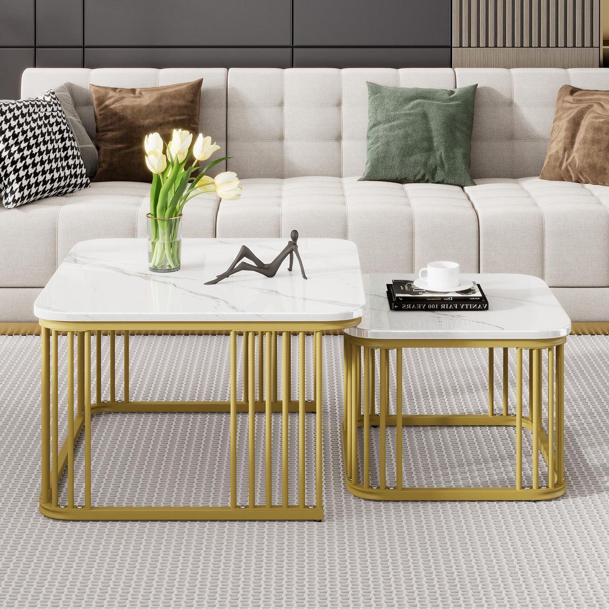 MERAX Lot De 2 Table Basse Gigognes Avec Pieds En Métal 50/70cm Blanc