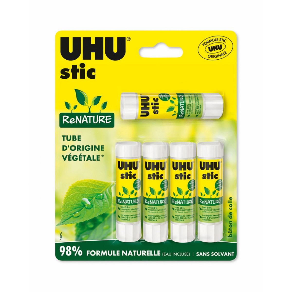 UHU Lot de 5 bâtons de colle 8.2g ReNature blanc