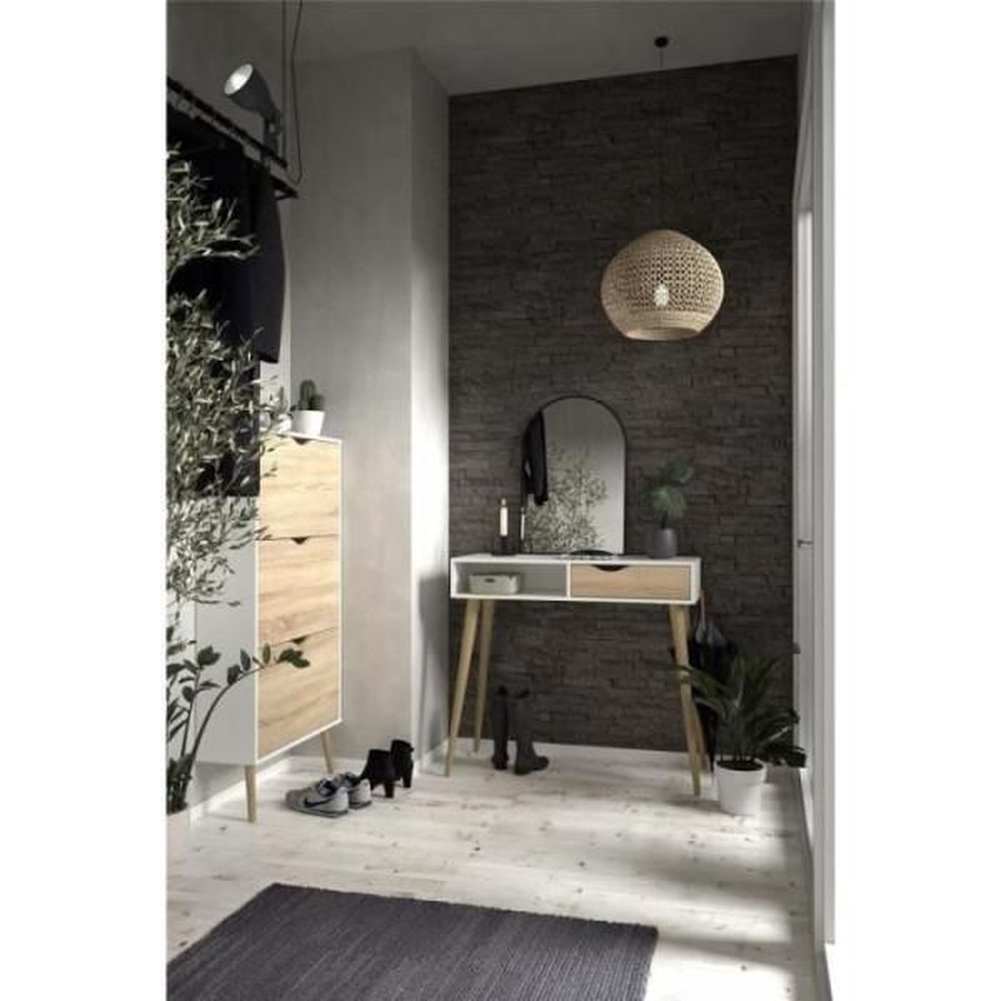 Voir la diapositive 2 : MARKET24 Meuble a chaussures - Blanc / Chene - 12 paires - Pietement évasé en bois massif - 70,2 x 23,9 x 138,9 cm ARO