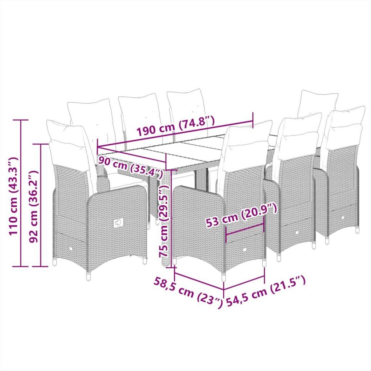 VIDAXL Ensemble de bistro de jardin 9 pcs coussins noir poly rotin