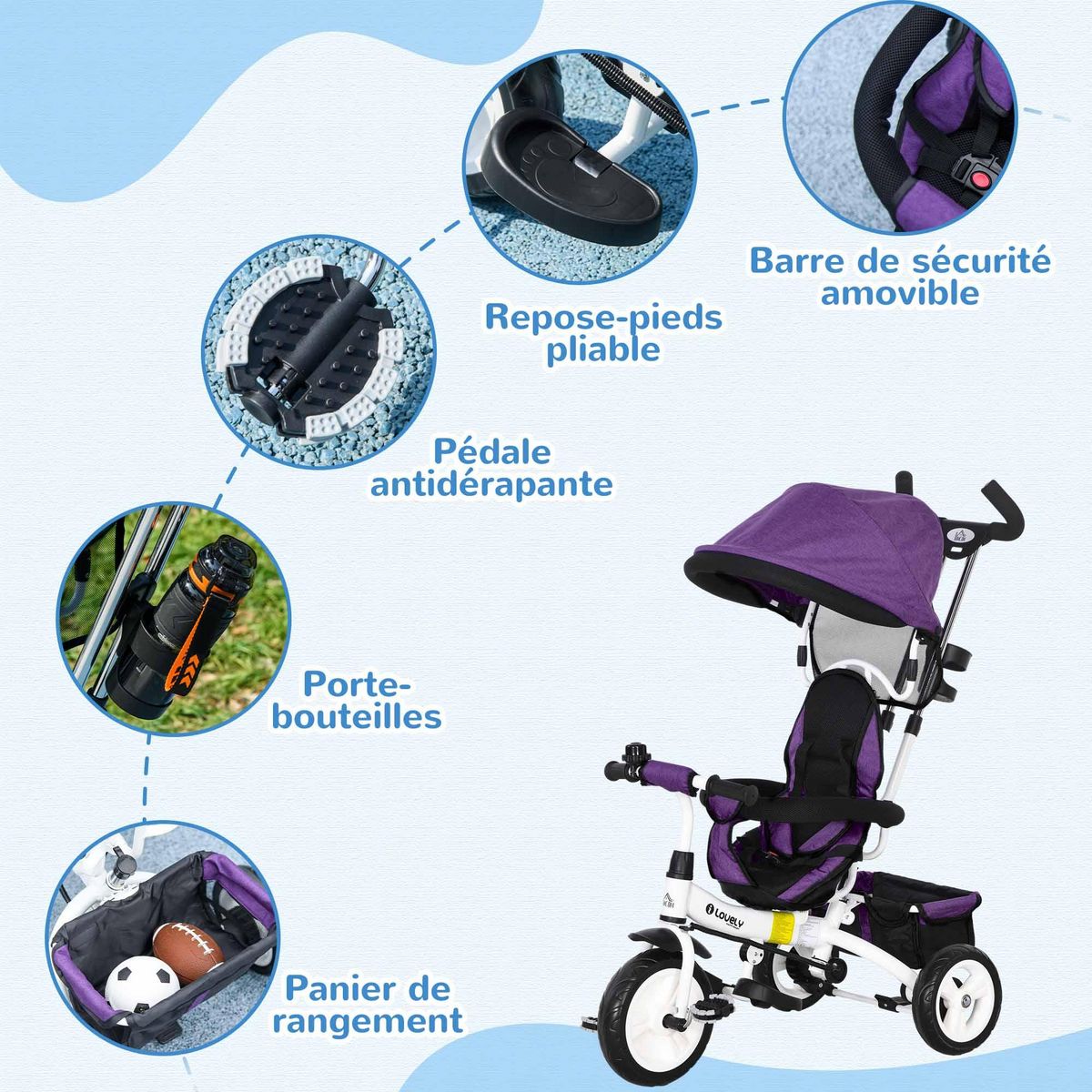 HOMCOM Tricycle enfant évolutif pare-soleil pliable canne télescopique amovible acier violet
