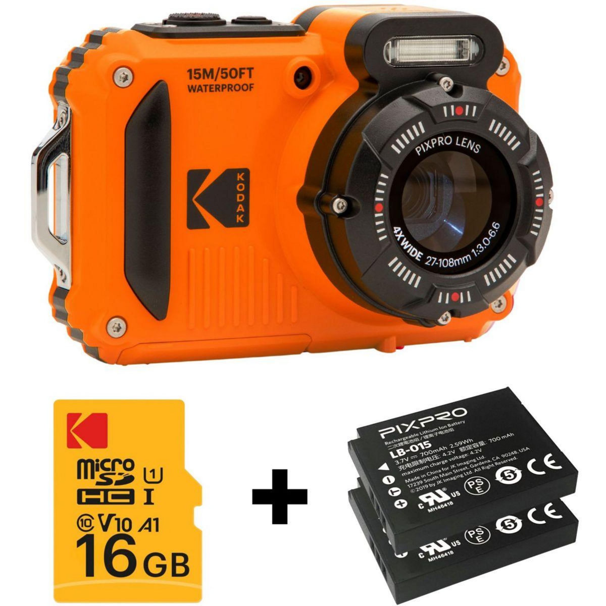 Kodak Appareil photo Compact WPZ2 Orange + 1 Batterie + Carte 16 Go