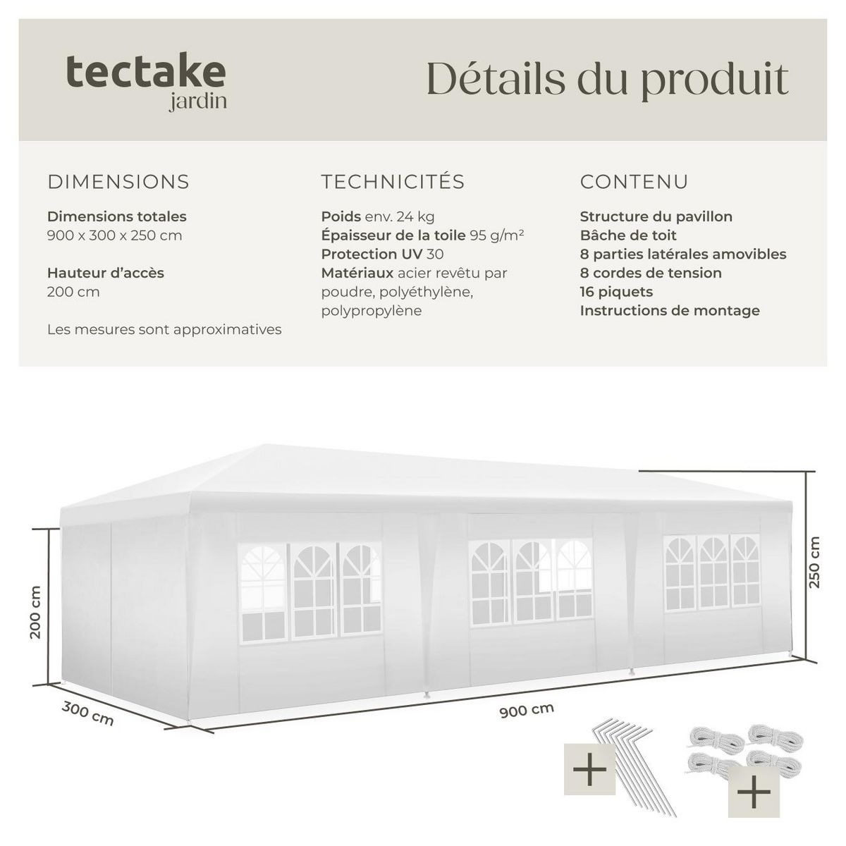 tectake Pavillon 9 x 3 m en système emboîtable blanc