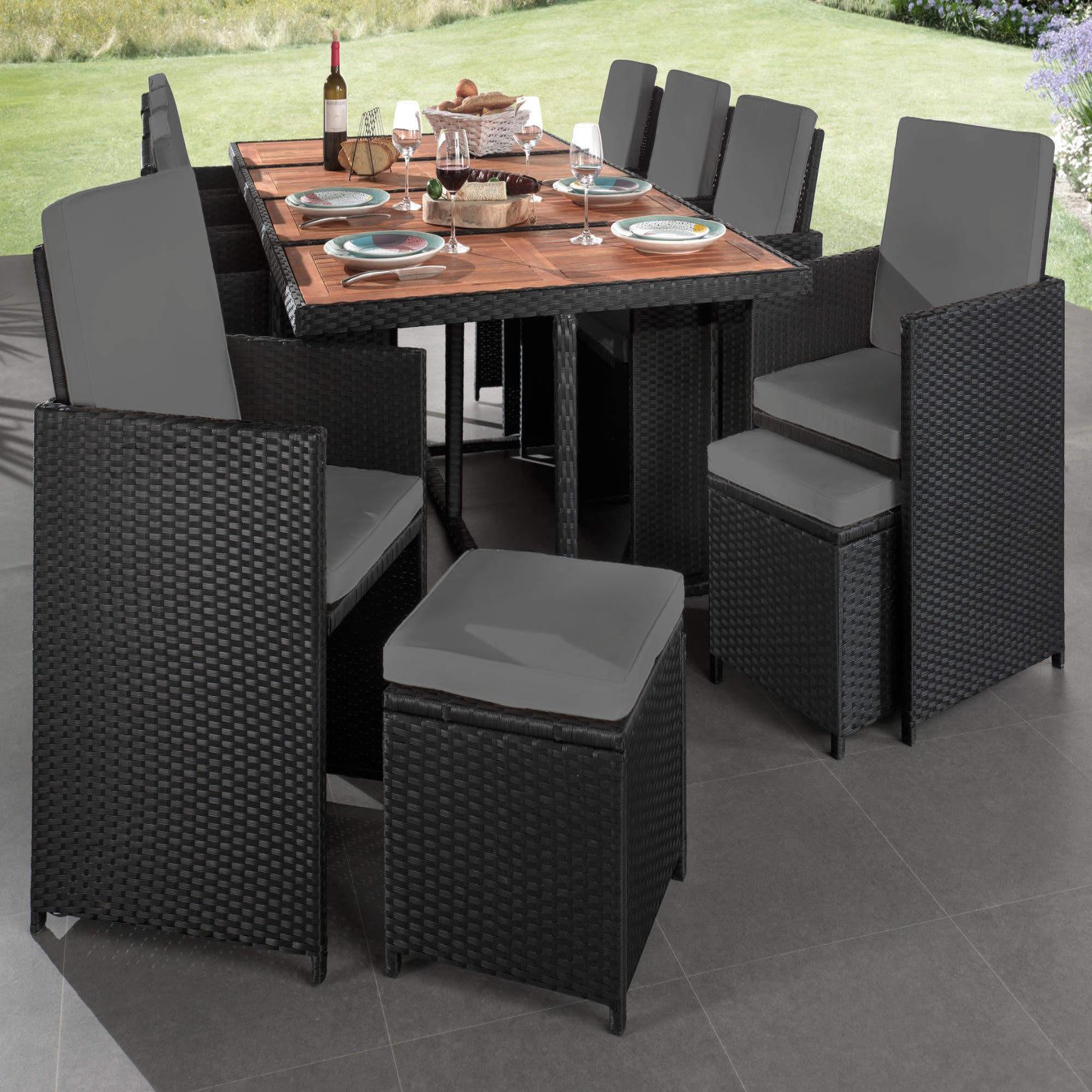Voir la diapositive 2 : BEST MOBILIER Cuba - salon de jardin encastrable 12 places - en résine tressée - noir avec coussins gris + housse de protection