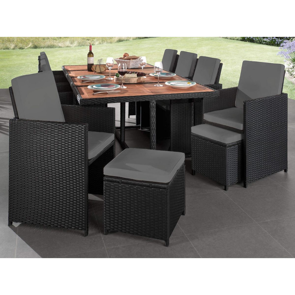 BEST MOBILIER Cuba - salon de jardin encastrable 12 places - en résine tressée - noir avec coussins gris + housse de protection