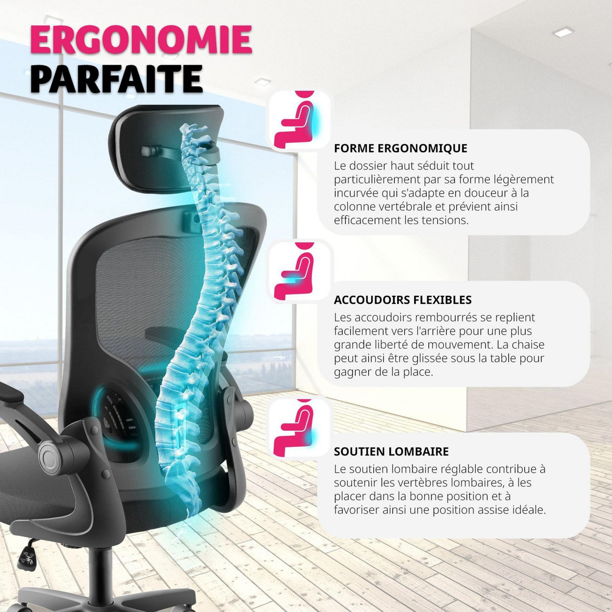 tectake Fauteuil de bureau forme ergonomique avec soutien lombaire et appuie-tête réglables noir