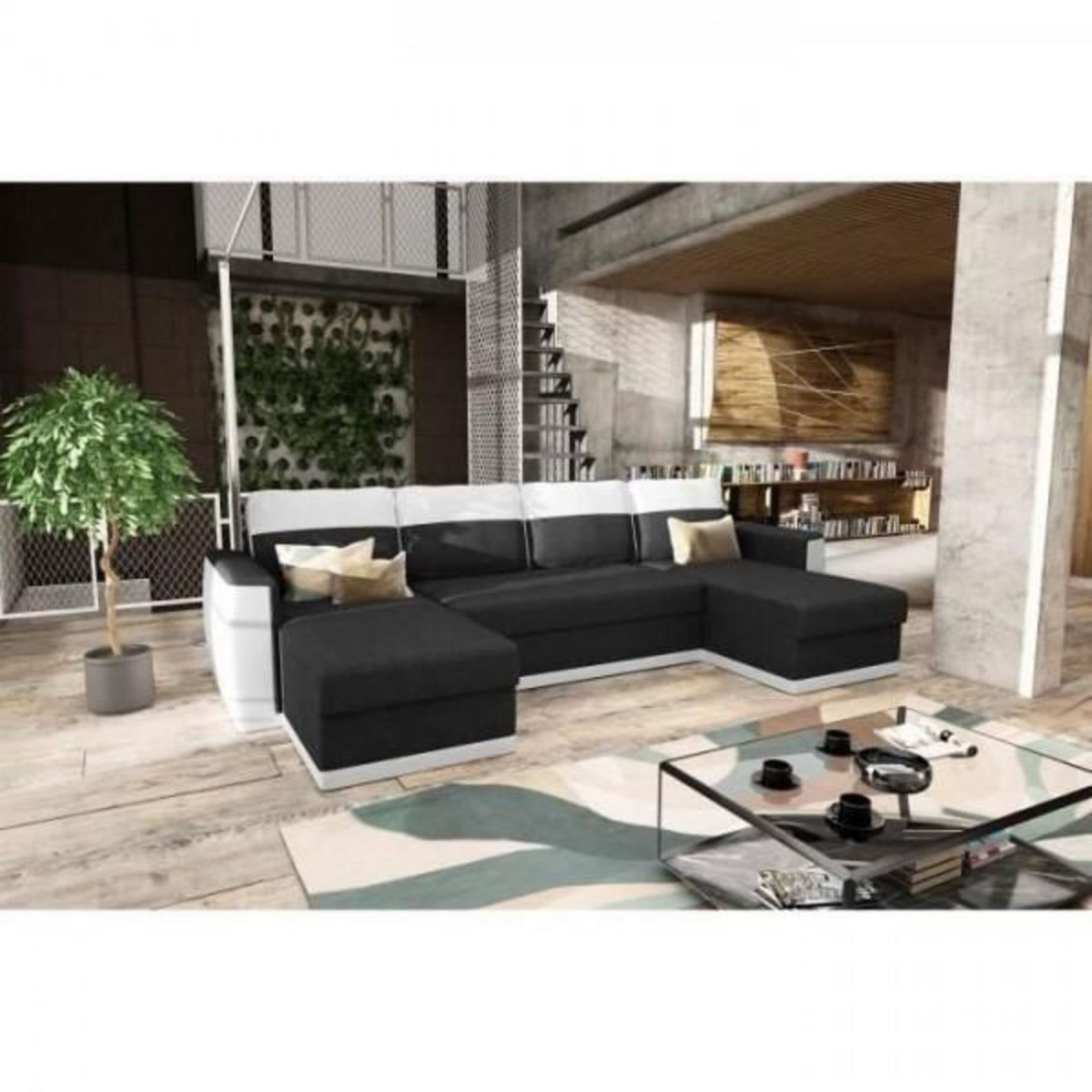 MARKET24 Canapé d'angle panoramique convertible 5 places JAMES - Simili et tissu Blanc et Anthracite - L 298 x P 142 x H 85 cm