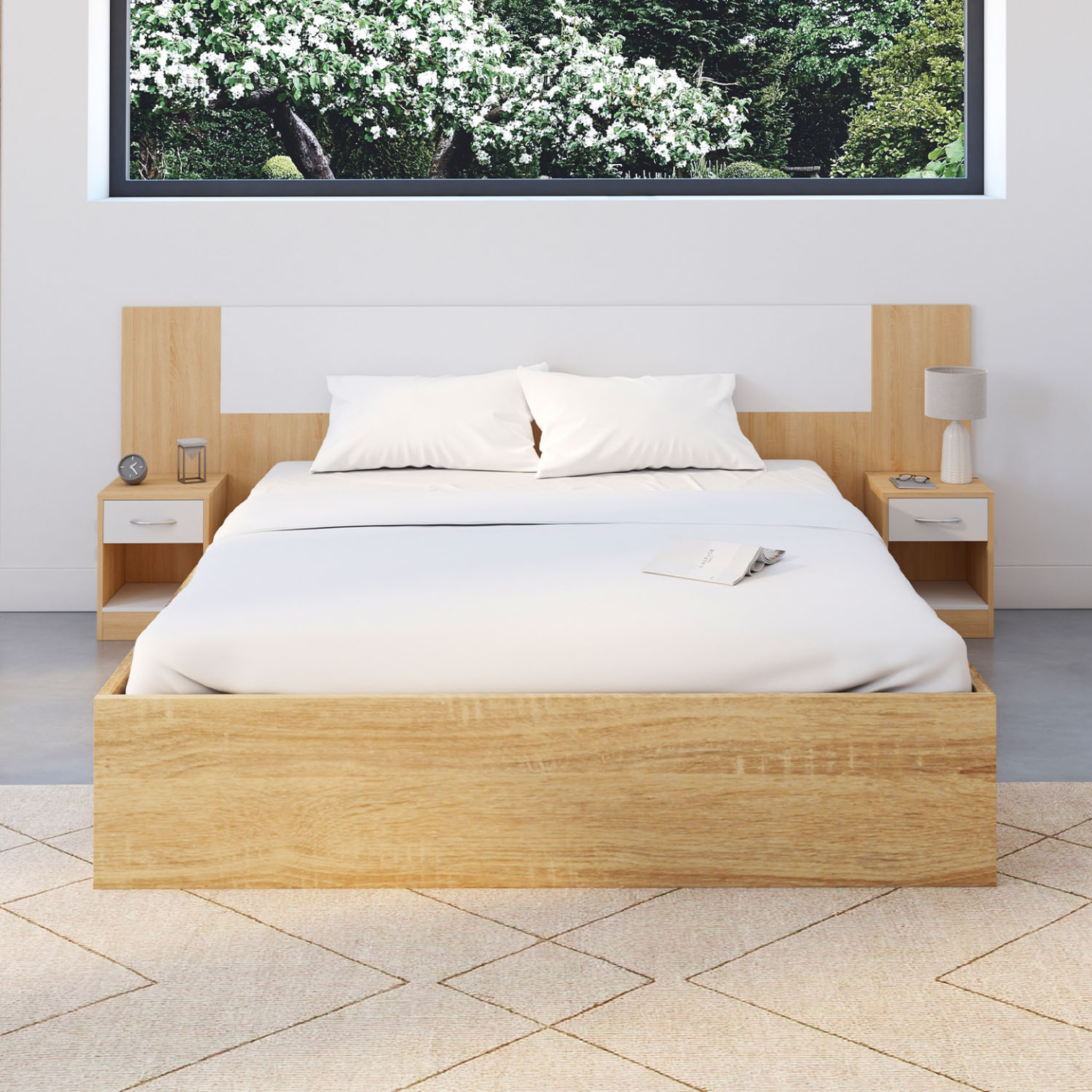 Voir la diapositive 2 : ID MARKET Tête de lit sur pied avec chevets modulables sapa pour lit 140, 160 ou 180 cm bois et blanc
