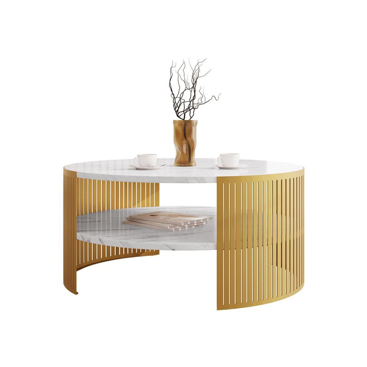 BEST MOBILIER Cruz - table basse ronde - effet marbre blanc et doré - 1 niche - 75 cm